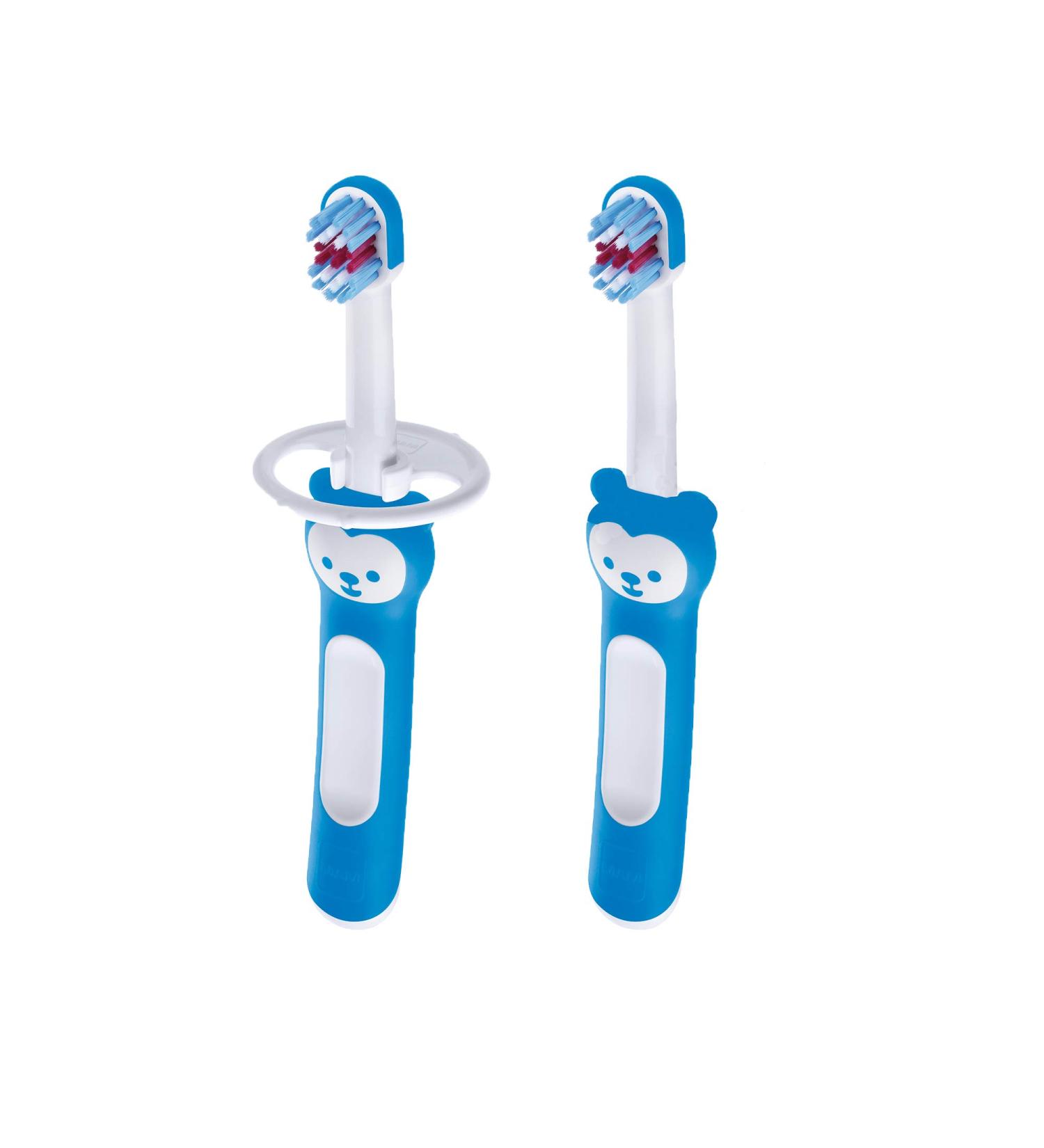 MAM Baby's Brush Set (2 Training Toothbrushes 1 Safety Shield) Baby Toothbrushes with Brushy the Bear Interactive App For Boy 5+ Months Blue - Buy Online on GoSupps.com