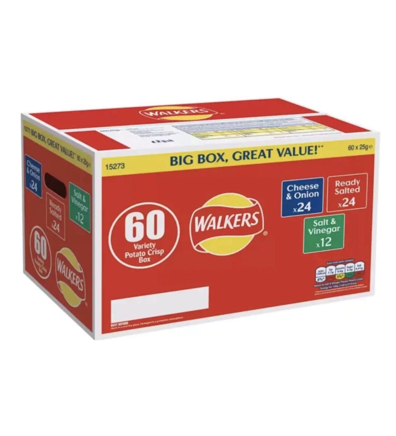 Walkers Variety Box Crisps 60 Pack Cheese & Onion Ready Salted Salt & Vinegar - Buy Online on GoSupps.com