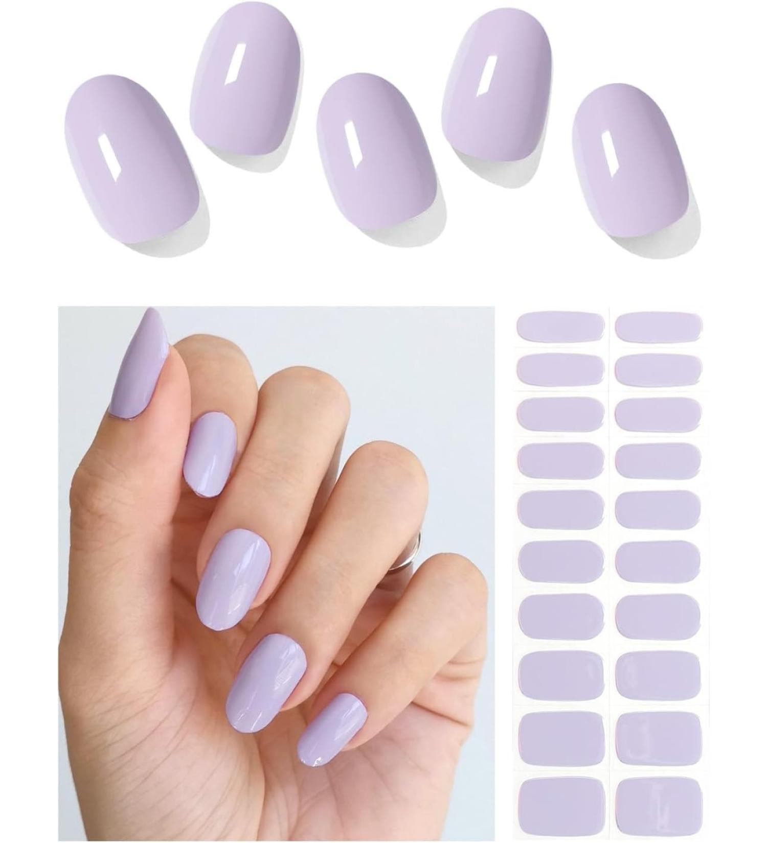 Foyute Semi Cured Gel Nail Strips 20 Pcs Soft Self-Adhesive Gel Nail Polish Wraps Sticker for Salon-Quality Manicure Set Long Lasting Easy to Apply & Remove Nail File & Wooden Stick (Purple) - Buy Online on GoSupps.com