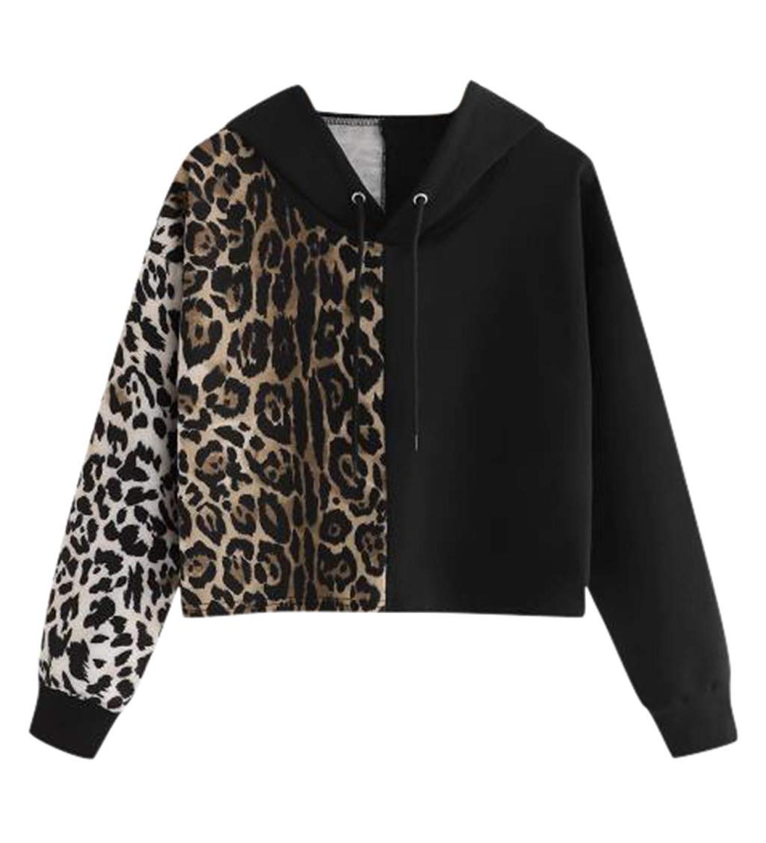 Bigfanshu Womens Fashion Sweatshirt Hoody Hoodies Leopard Print Long Sleeve V-Neck Pullover Causal Tops Blouse Black
