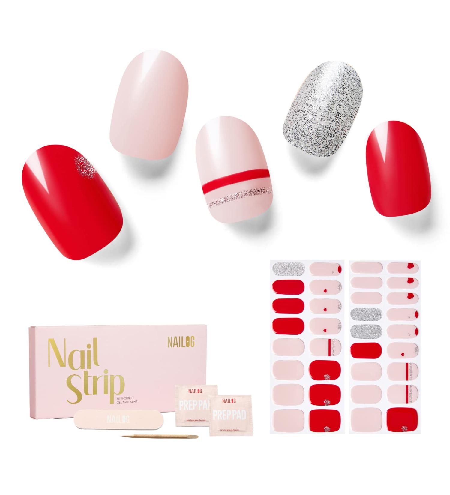 NAILOG Semi Cured Gel Nail Strips - 34pc Salon-Quality Nail Stickers in Baby Pink & Red Heart Print | Long Lasting Wraps with Soft Gel Finish - Buy Online on GoSupps.com
