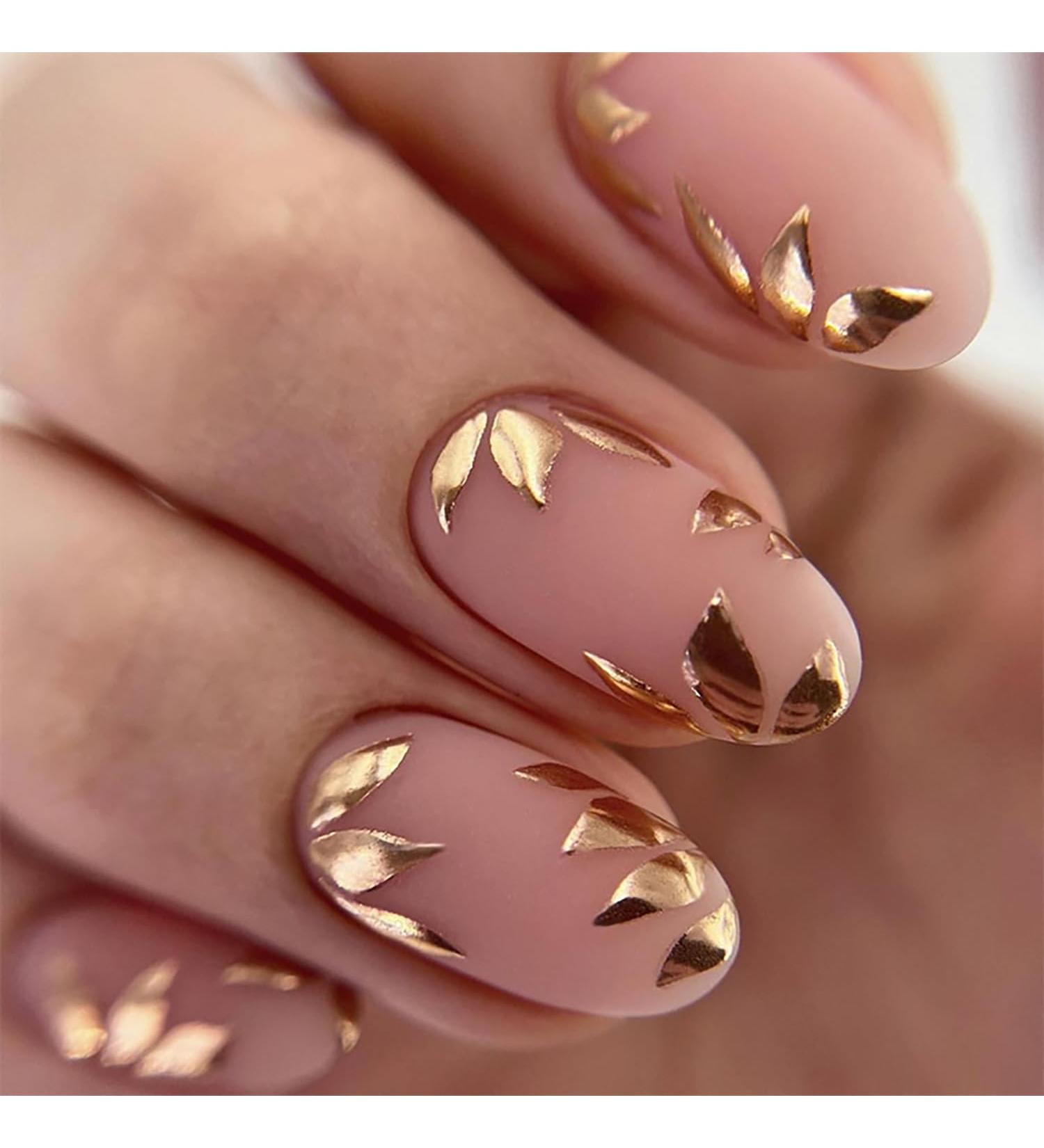 Buy Short Almond Press On Nails | Glossy Gold Leaves Design | Reusable Full Cover Acrylic Fake Nails - 24Pcs - Buy Online on GoSupps.com