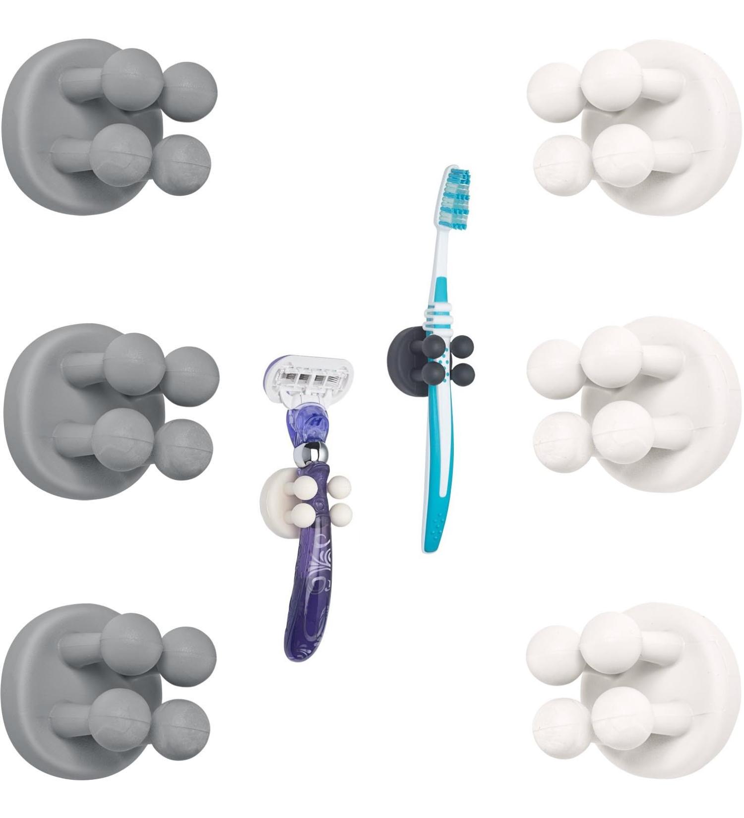 Tecbull Funny Hooks Toothbrush & Razor Holder - Self-Adhesive Shower Bracket No Drilling Includes Replacement Pads (6 Gray/White) - Buy Online on GoSupps.com