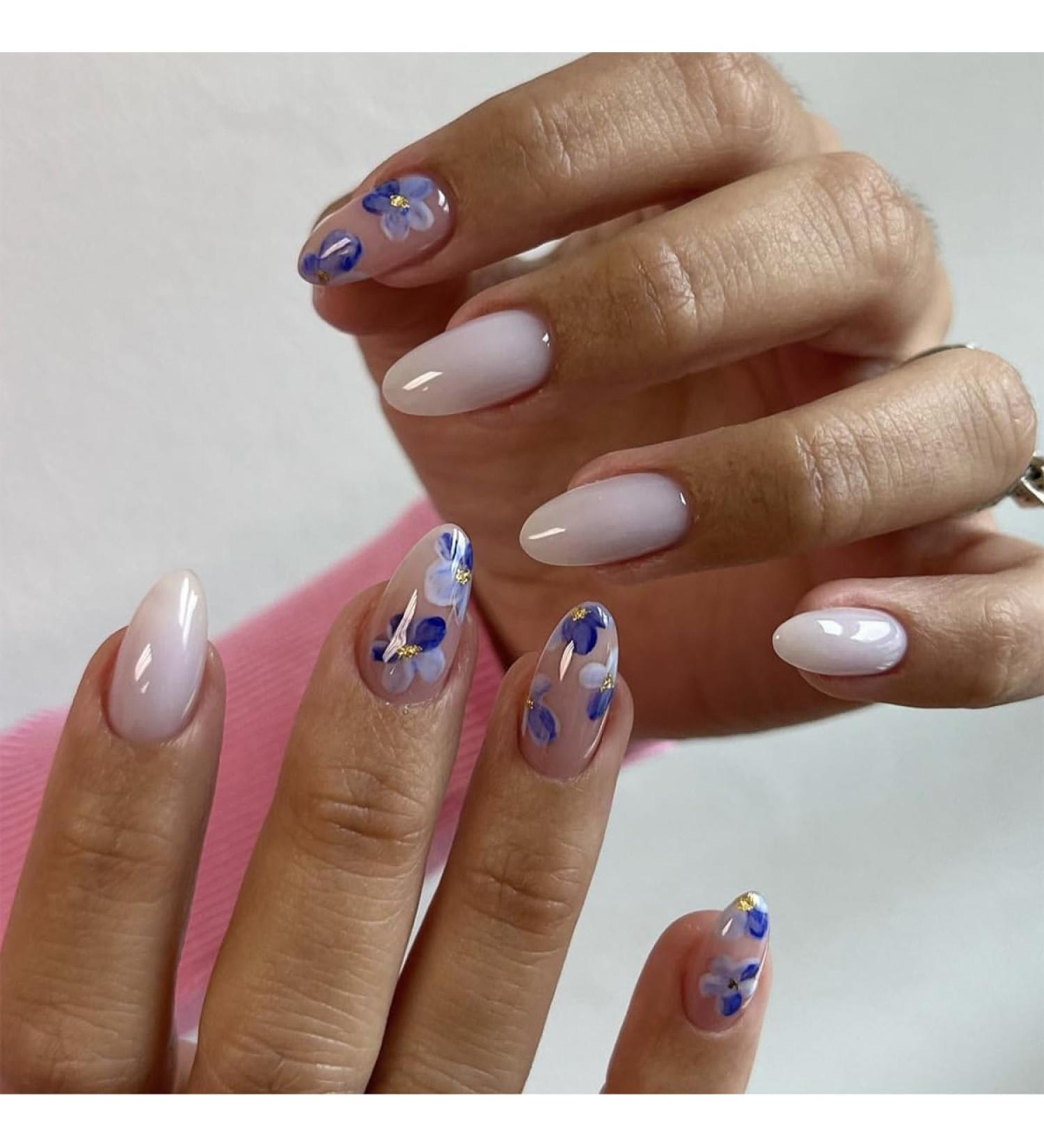 Mouyouglow Press On Nails - Short Almond White Nude Blue Flowers | Fake Nails with Glue | Gold Dust Acrylic Fingernails Q22 - International Shipping Available - Buy Online on GoSupps.com