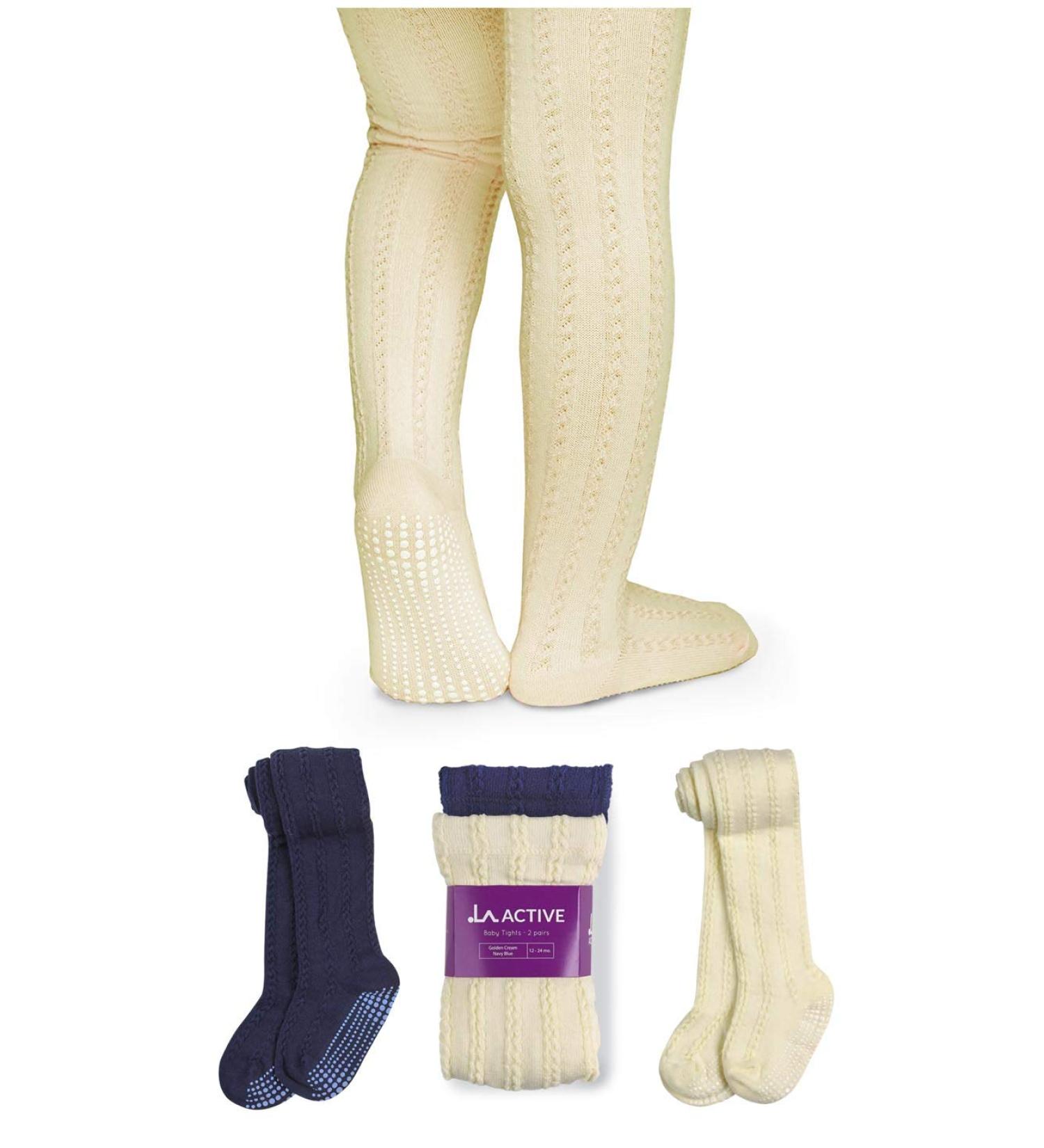 LA Active Baby Girls Cozy Winter Tights | Non Skid Grip Cotton Cable Knit | 2 Pairs (Golden Cream/Navy Blue) | Sizes 6-12M, 2T, 3T, 4T, 5T - Buy Online on GoSupps.com