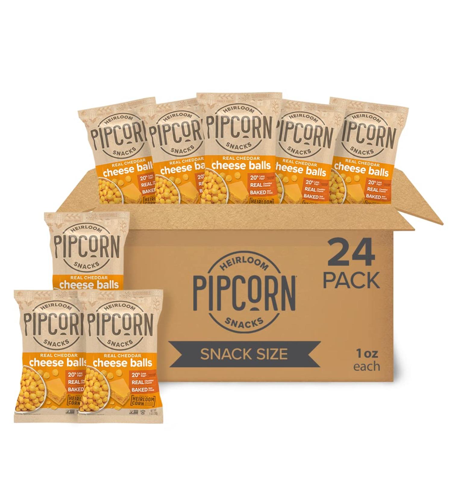 Pipcorn Heirloom Cheddar Cheese Balls 1oz 24 Pack - Gluten Free & Non-GMO Snack with Organic Cheese - Preservative Free Halloween Treats - Buy Online on GoSupps.com