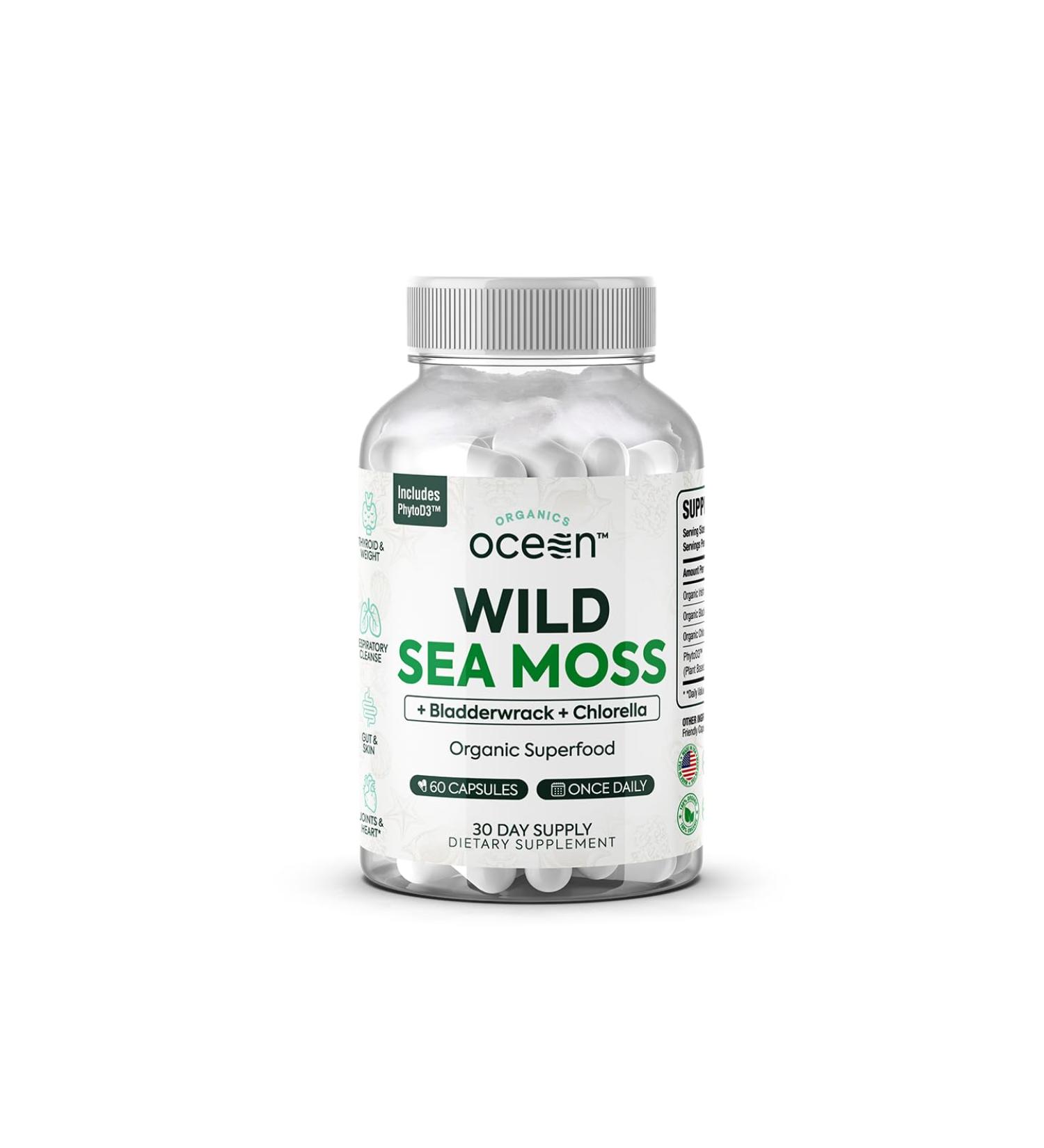 Organics Ocean Wild Sea Moss Capsules - 100% Organic Irish Sea Moss with Organic Chlorella Bladderwrack and Vitamin D for Energy Lung Health and Thyroid Support for Women and Men - 60 Capsules 60 Count (Pack of 1) - Buy Online on GoSupps.com