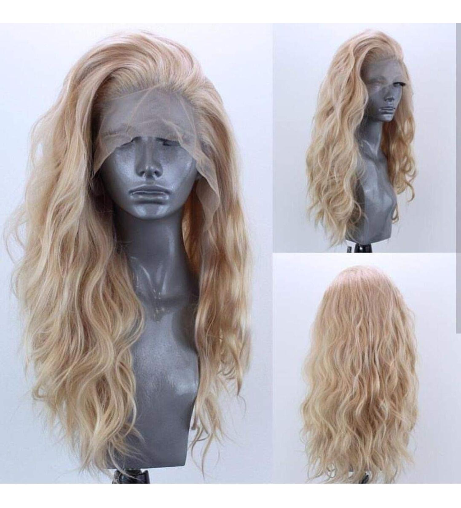 ELESTY Long Natural Curly Glueless Lace Front Wig - Golden Blonde Synthetic Hair for Women | Heat Resistant Daily Party Wig - Buy Online on GoSupps.com