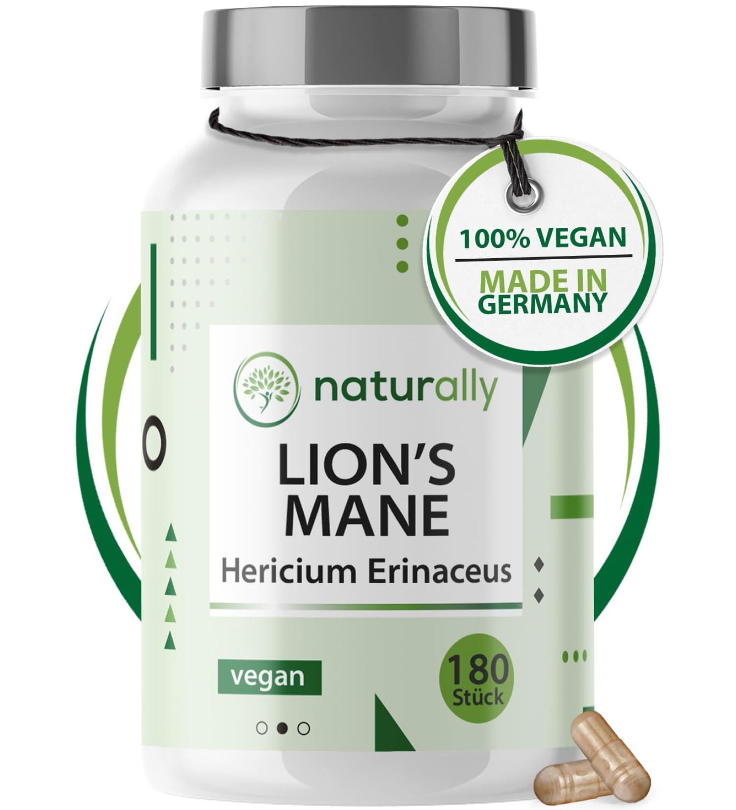 Naturally Lion's Mane Capsules - 180 Vegan Capsules | 1950mg 30:1 Extract | Premium Hericium Erinaceus | Made in Germany | Boost Your Focus & Clarity - Buy Online on GoSupps.com