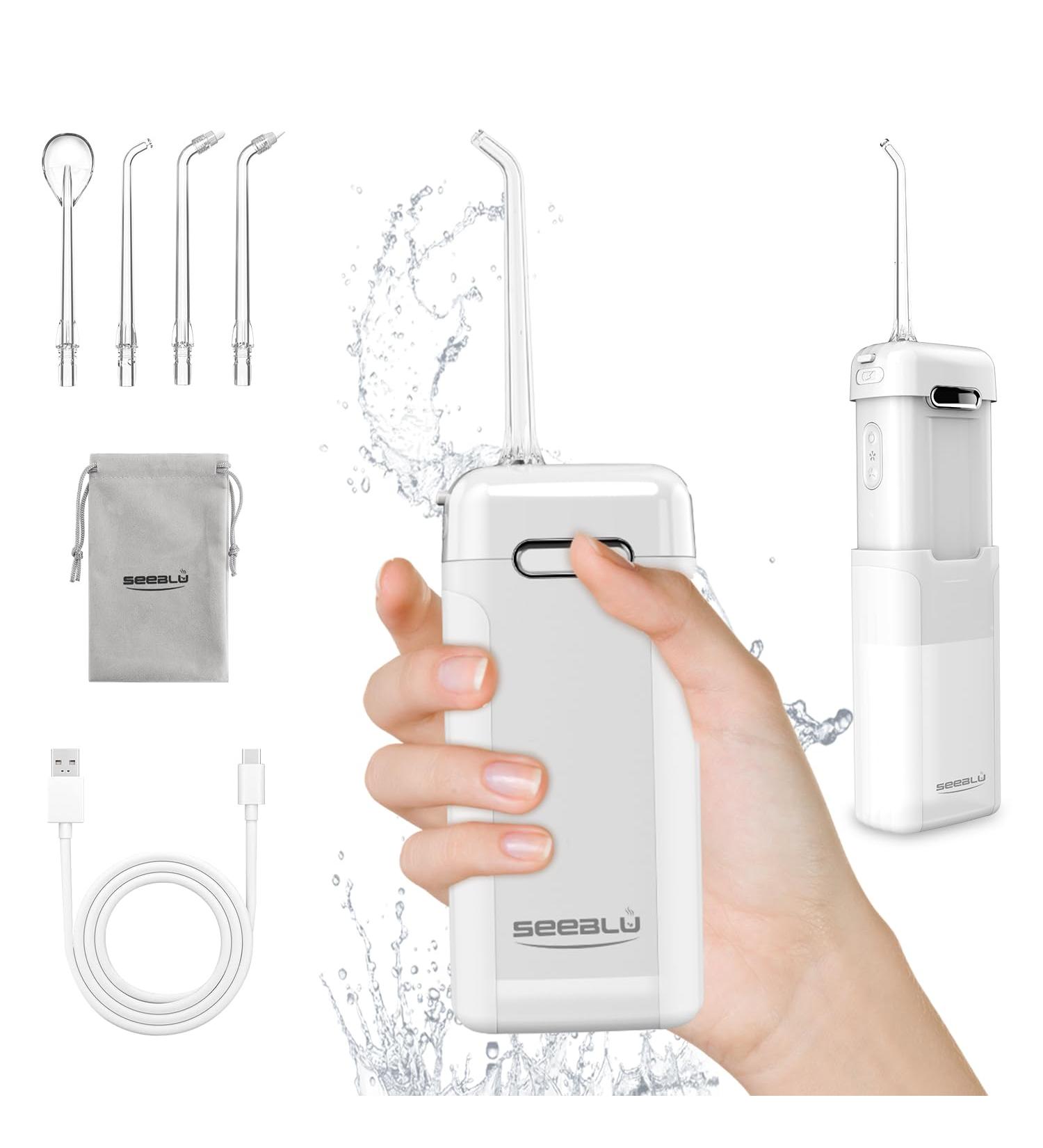 Portable Rechargeable Water Dental Flosser Mini Teeth Cleaner with Telescopic Tank 3 Modes IPX7 Waterproof for Home & Travel | White - Buy Online on GoSupps.com