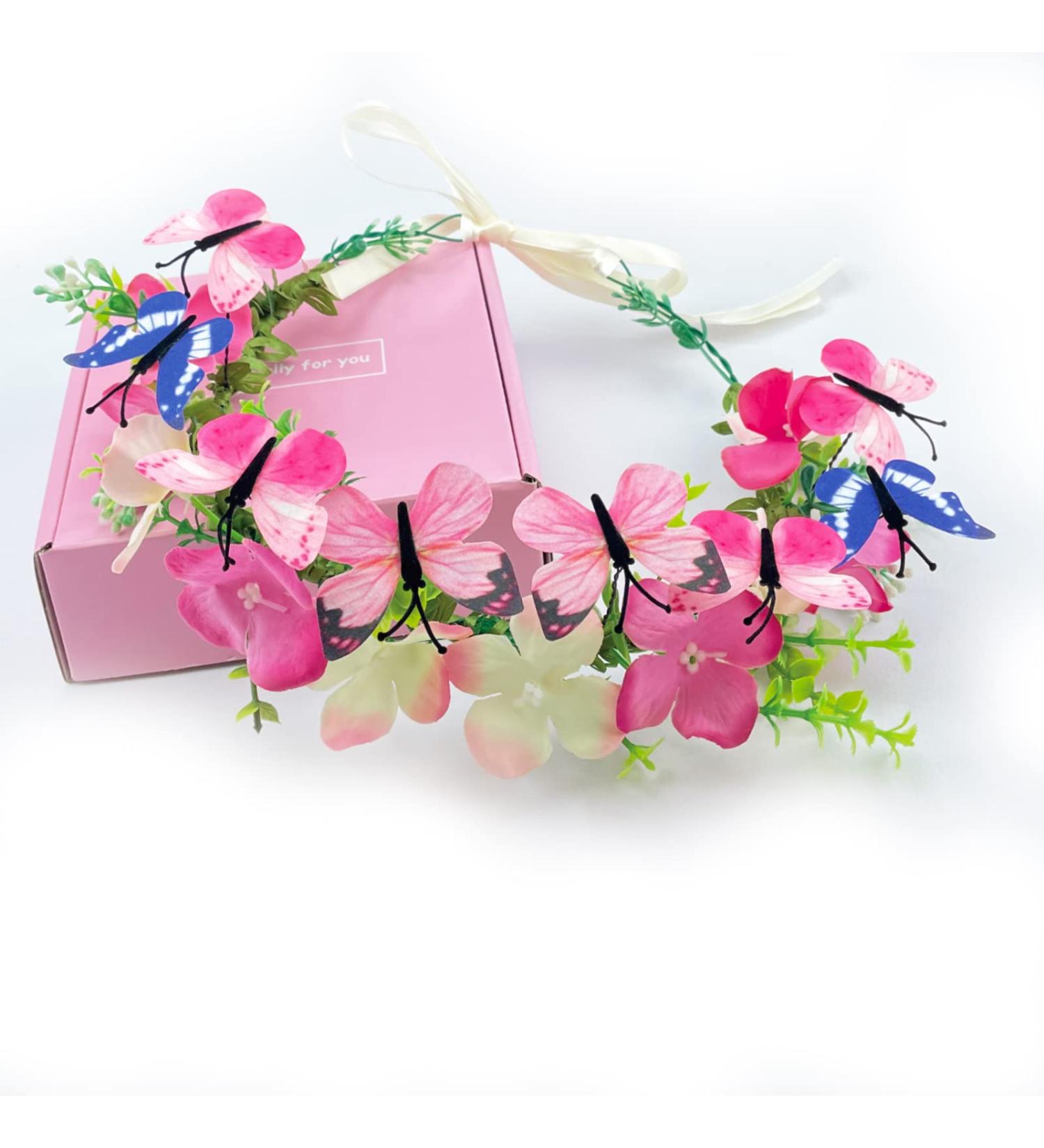 Pink Butterflies and Flowers Crown Headpiece - Butterfly Floral Garland for Girls - Wedding, Festival, Photo Prop - Buy Online on GoSupps.com