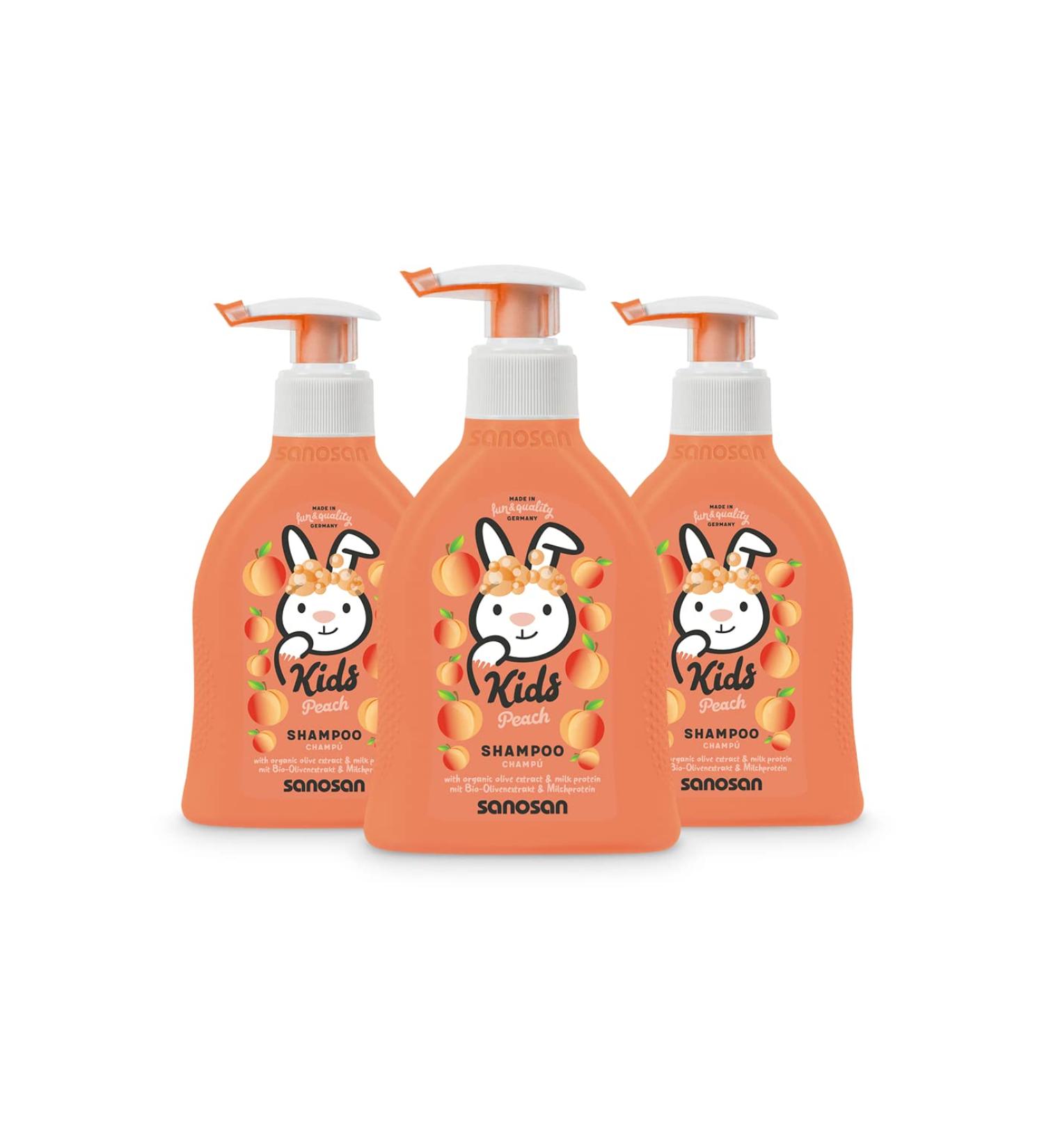  Sanosan sanosan Peach Shampoo for Children and Babies 3 x 200 ml - Organic Olive Extract and Milk Protein Shampoo - Hair Care Shampoo for Children and Babies - Buy Online on GoSupps.com