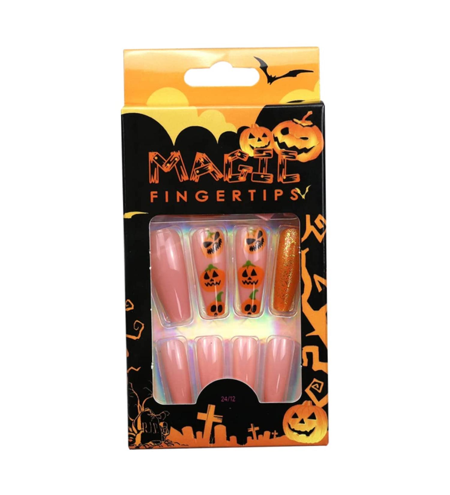 Halloween Nail Stickers Halloween Press on Nails Medium Length Fake Nails Acrylic Nails Pumpkin Black Flame Cross head Design Nails Fake Nails Glue for Women and Girls - Buy Online on GoSupps.com