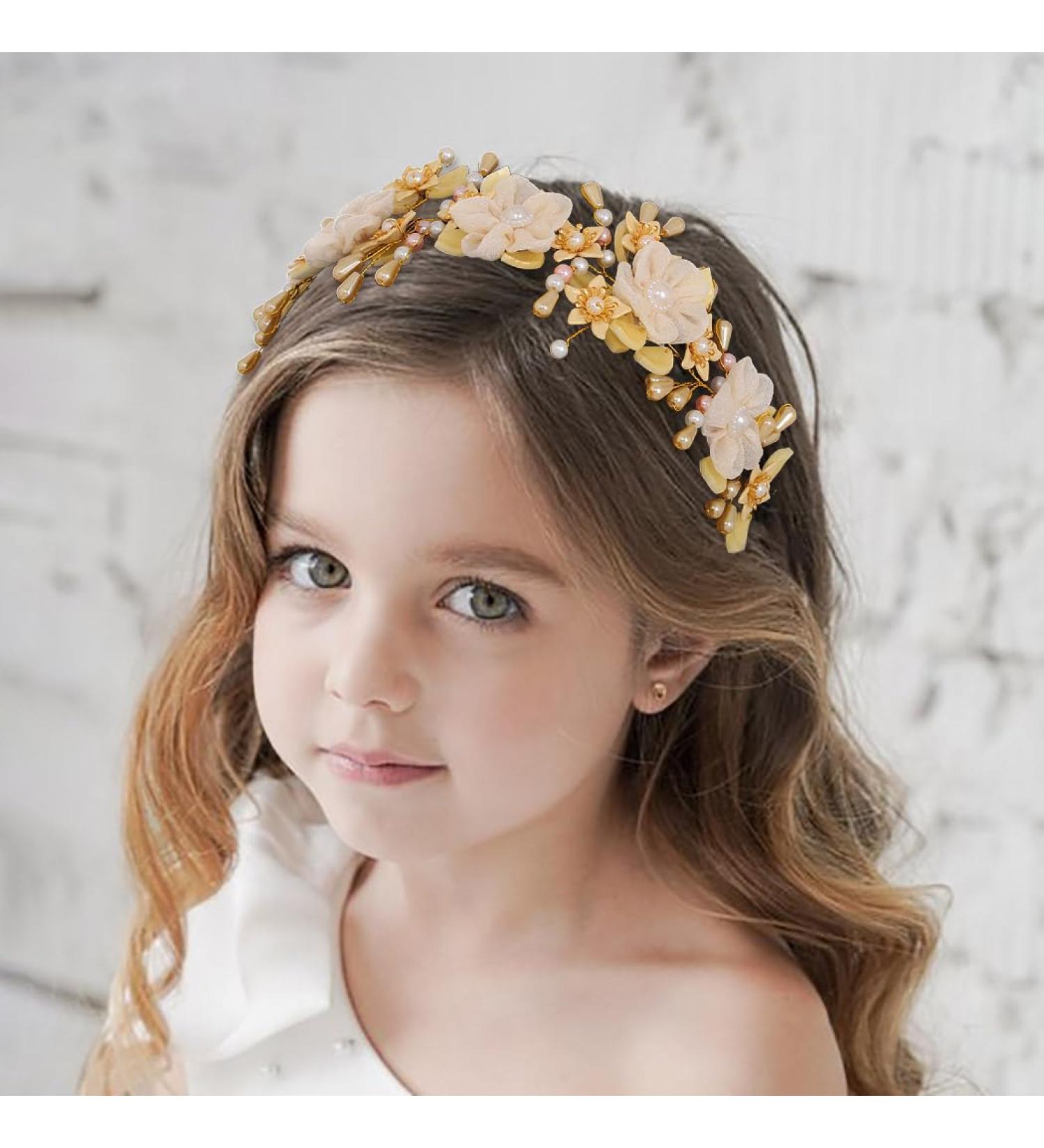 IYOU Flower Wedding Headbands Yellow Pearl Headpiece Floral Birthday Communion Bridal Hair Accessories for Girls - Buy Online on GoSupps.com