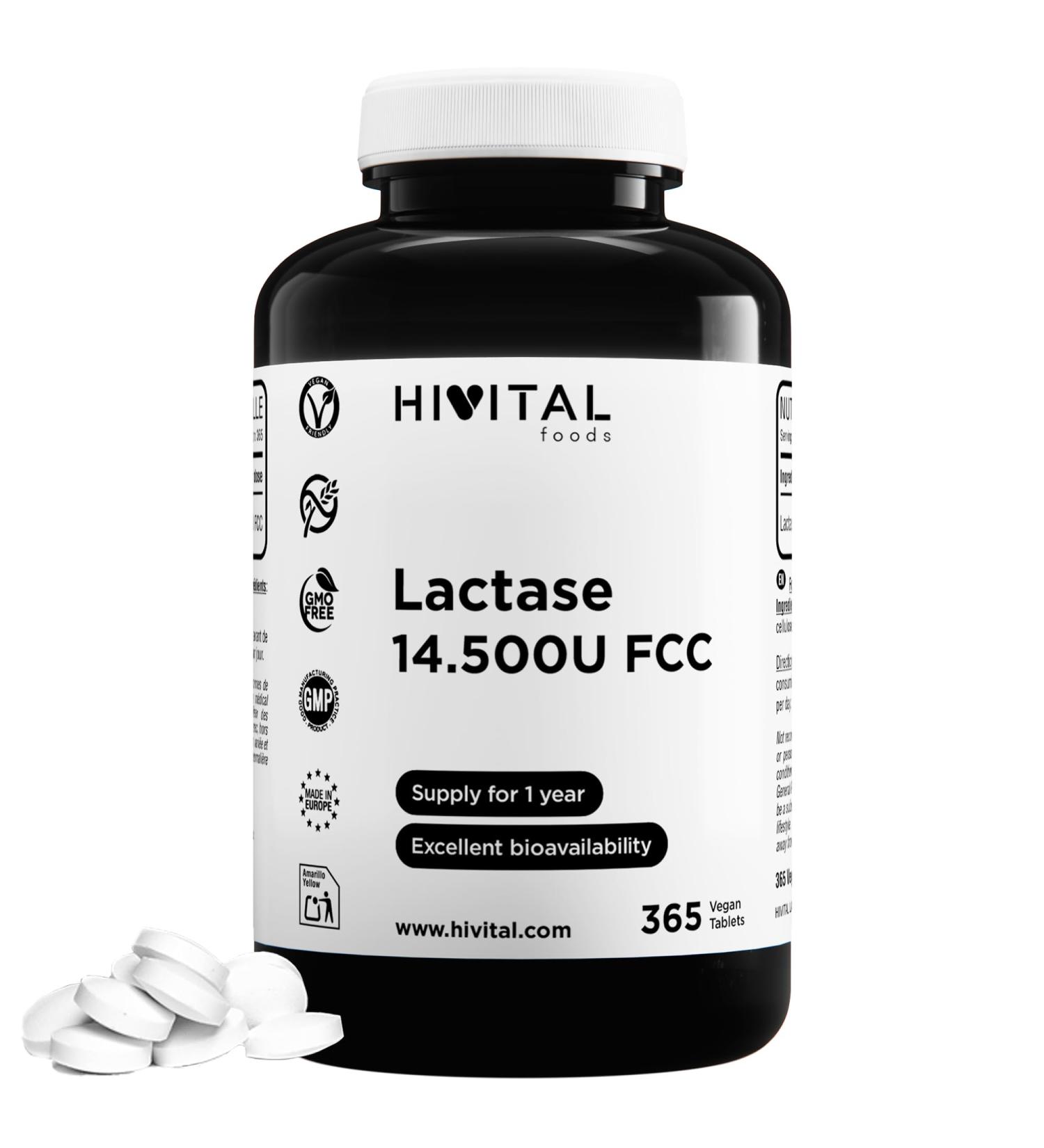Lactase 14500 unit s FCC. 365 comprim s v g taliens pour 1 an de traitement. Enzyme Lactase pour l'intol rance au Lactose au Lait et aux d riv s du lait. Fabriqu en Europe par HIVITAL - Buy Online on GoSupps.com