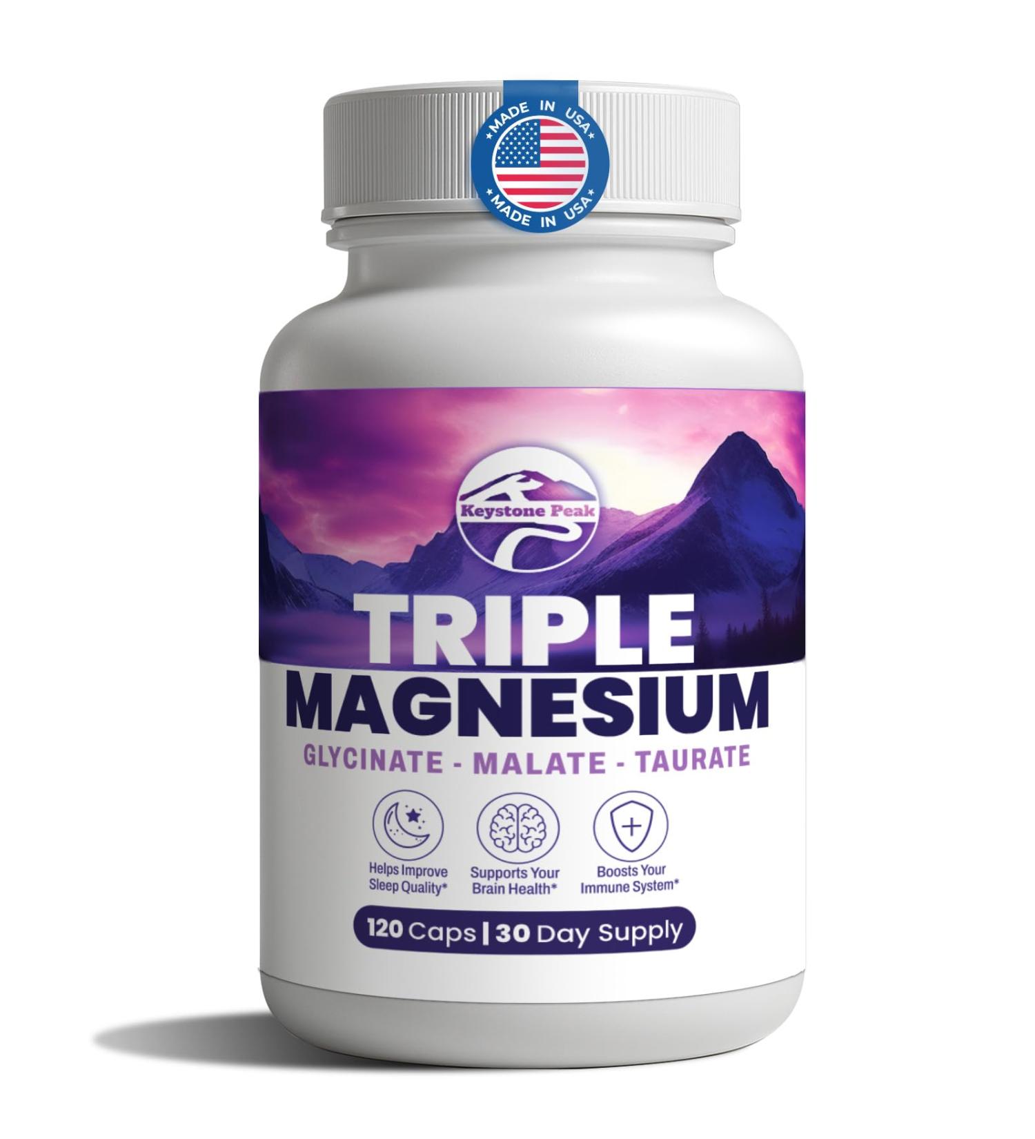Triple Magnesium Complex 300mg per Serving Glycinate Taurate Malate Chelated Gentle on Stomach Clean Label Made in USA 120 Capsules 1 Month Supply 120 Count (Pack of 1) - Buy Online on GoSupps.com