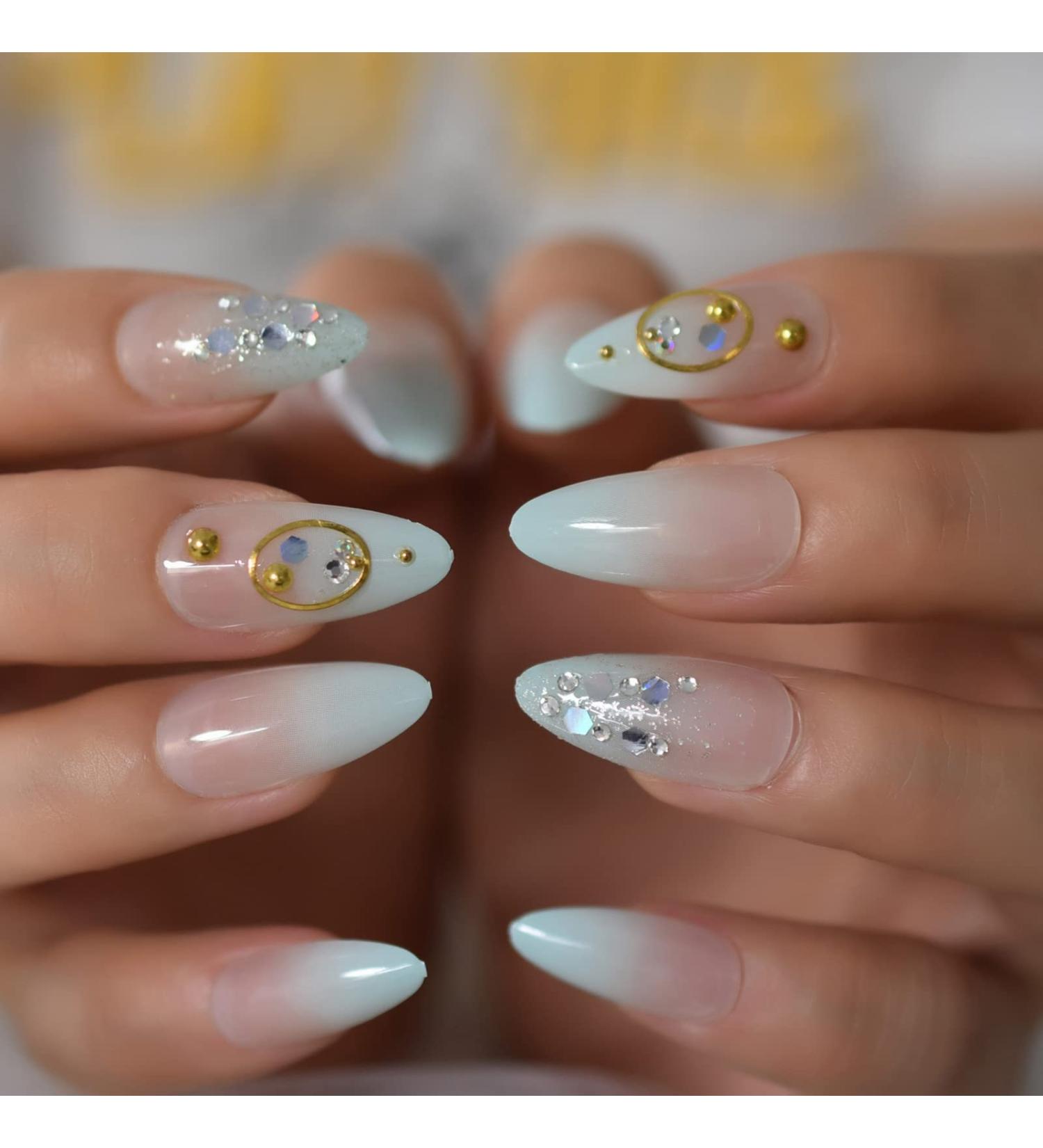 Ombre Almond Medium Fake Nails with Rings | Holo Glossy 3D Bling Press On Nails | Nude Light Green Gradient - 24pcs Kit - Buy Online on GoSupps.com