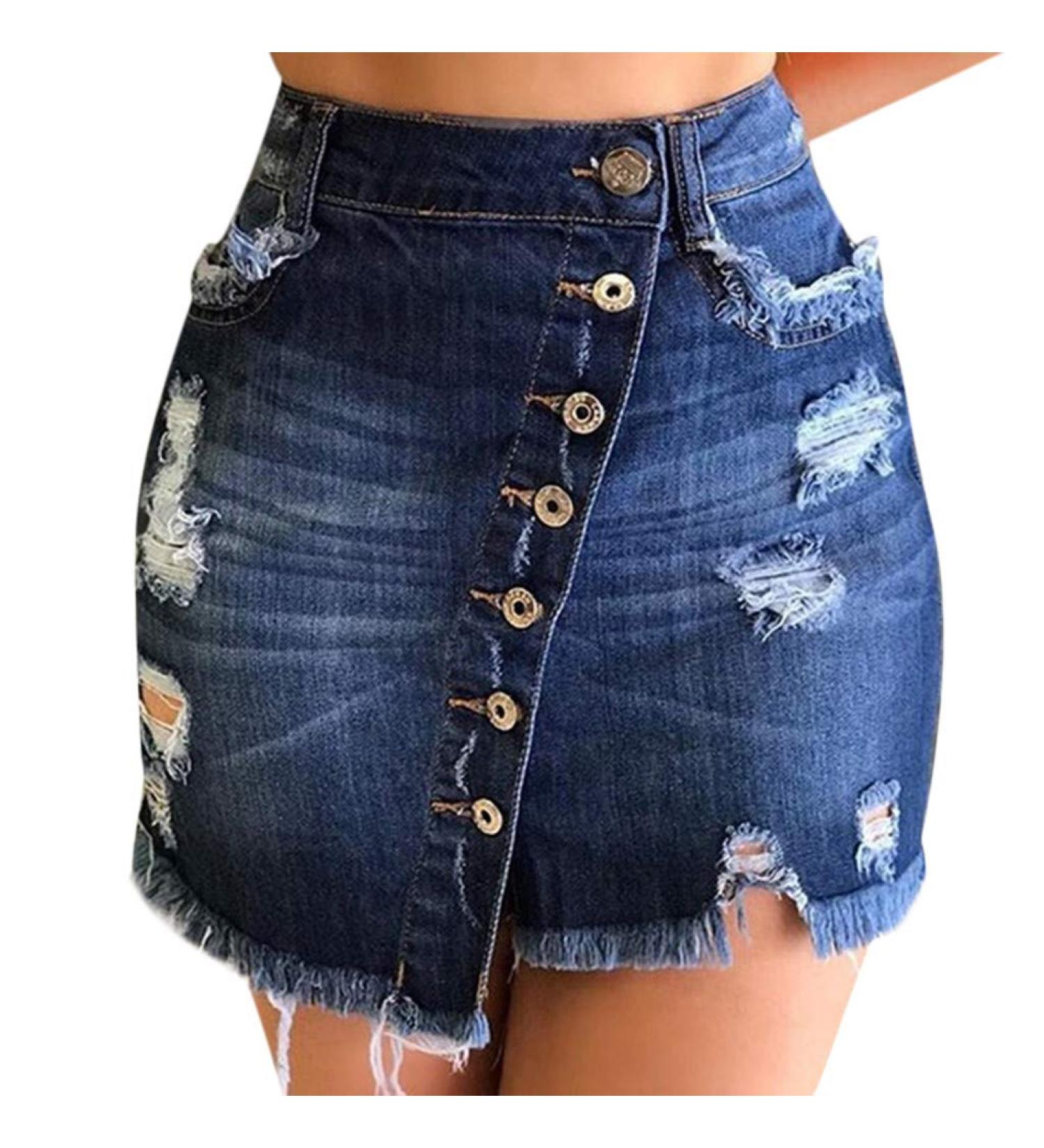 Sanahy Women's Dark Wash Denim Pencil Skirt - Front Split Frayed Mini Skirt | Navy | Asymmetrical Distressed Design - Buy Online on GoSupps.com