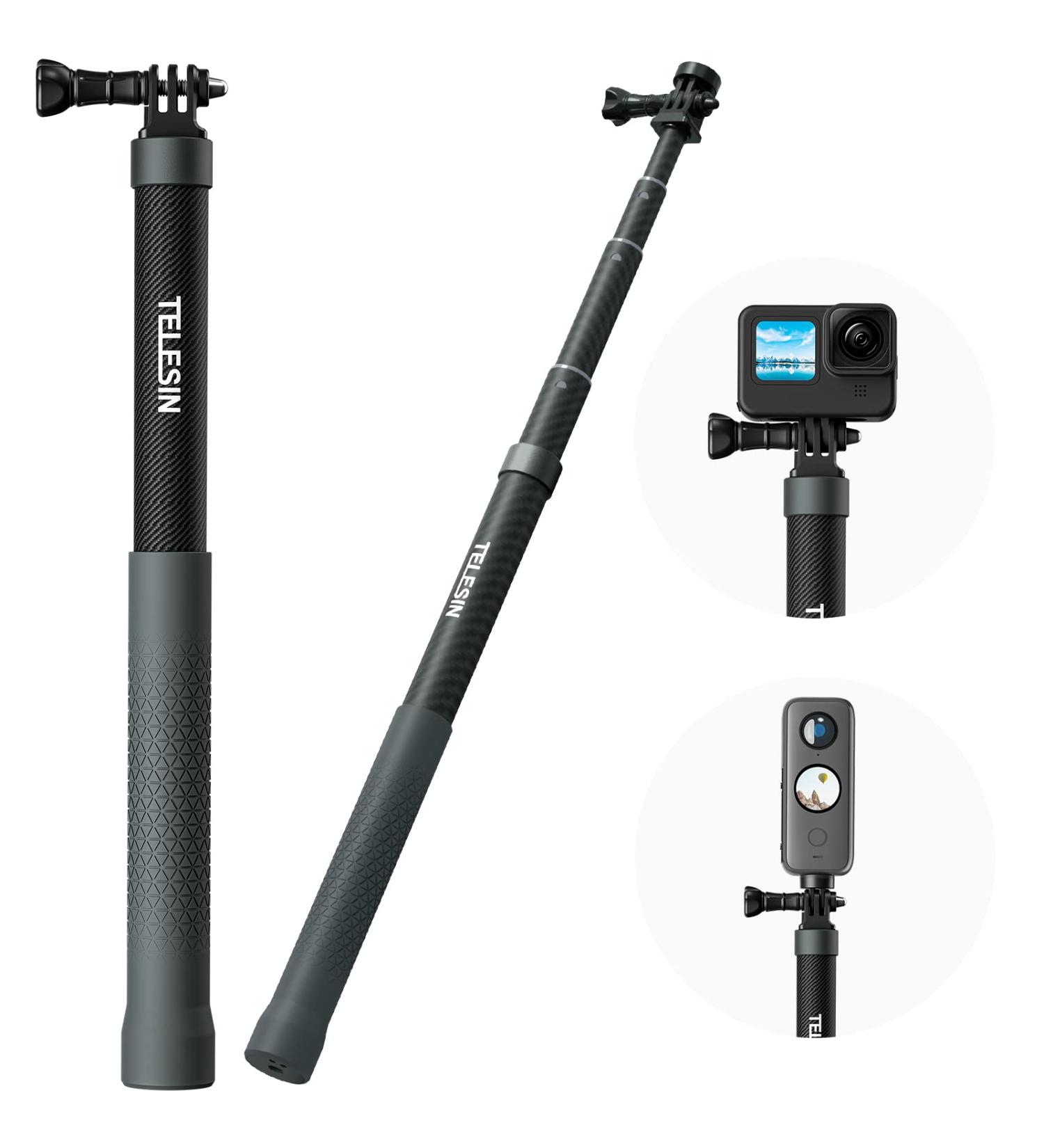 TELESIN Carbon Fiber Selfie Stick for GoPro, Insta360 & DJI Action Cameras | 120cm Extension Monopod for Hero 11 10 9 8 7 6 5 | Lightweight & Durable - Buy Online on GoSupps.com
