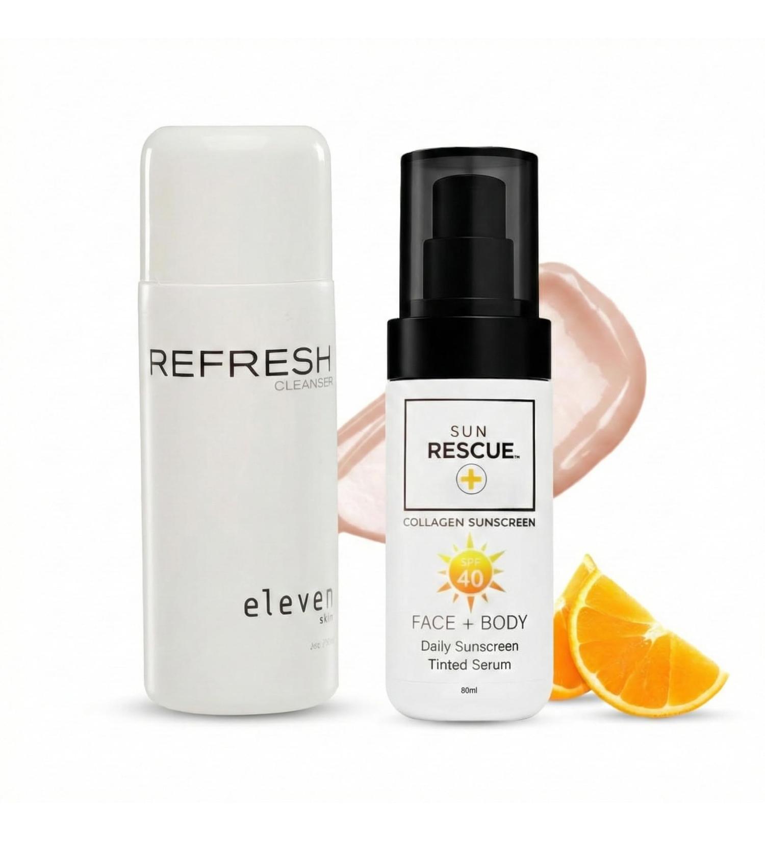 Elevenskin Refresh Antioxidant Facial Cleanser and Sun Rescue Daily Tinted Moisturizer SPF 40 Bundle Hydrating Gel Face Wash & Collagen Vitamin C Sunscreen Set for All Skin Types 2-Piece Kit - Buy Online on GoSupps.com