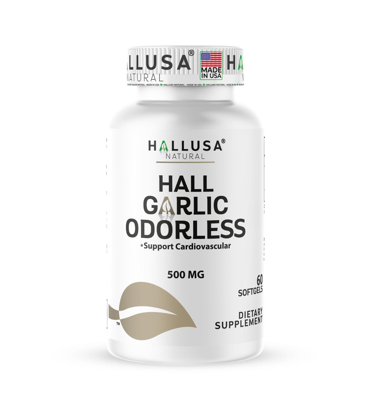 Hallusa Natural Odorless Garlic 500 mg Softgels | Heart Health & Cholesterol Support | Allium Sativum Garlic Supplement | Fresh Garlic Bulb Extract | 60 Softgels - Buy Online on GoSupps.com