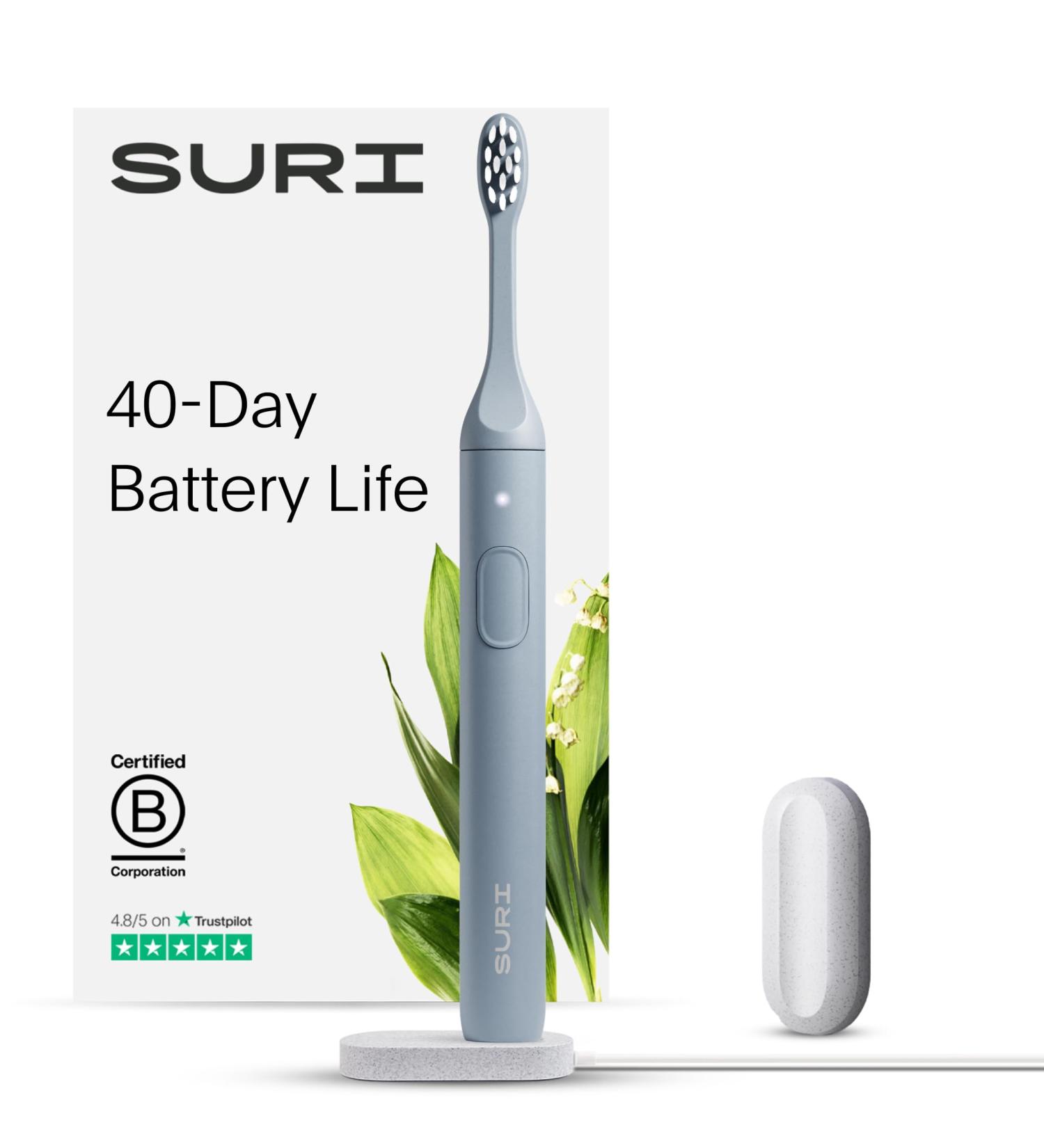 SURI Sustainable Sonic Toothbrush - Eco-Friendly Electric Travel Toothbrush for Adults with Recyclable Plant-Based Head 2 Modes Mirror-Mount & Charging Stand - Morning Waves - Buy Online on GoSupps.com