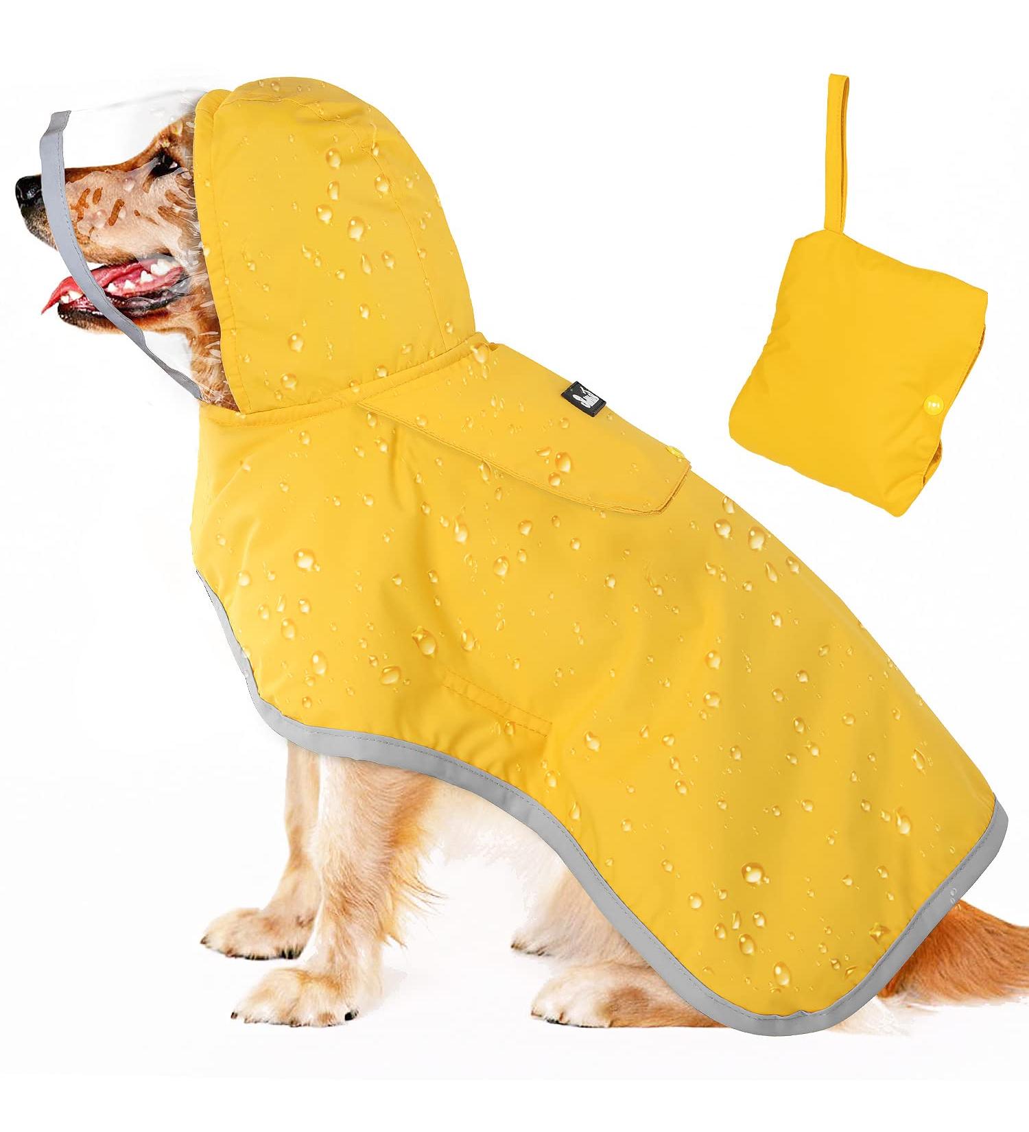 Slowton Waterproof Dog Raincoat - Transparent Double-Layer Jacket with Hood for All Sizes - Reflective Strip & Storage Bag - XXL Yellow - Buy Online on GoSupps.com