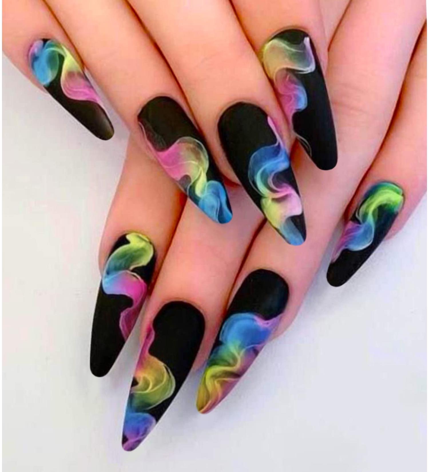 Artquee 24pcs Black Almond Press on Nails - Colorful Graffiti Design Medium Length Stiletto False Nails for Women - Buy Online on GoSupps.com