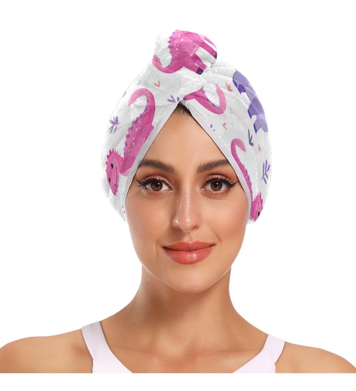 Pink Purple Dinosaur Hair Towel 2 Pack | Super Absorbent Quick Dry Turbans for Women & Girls - Buy Online on GoSupps.com