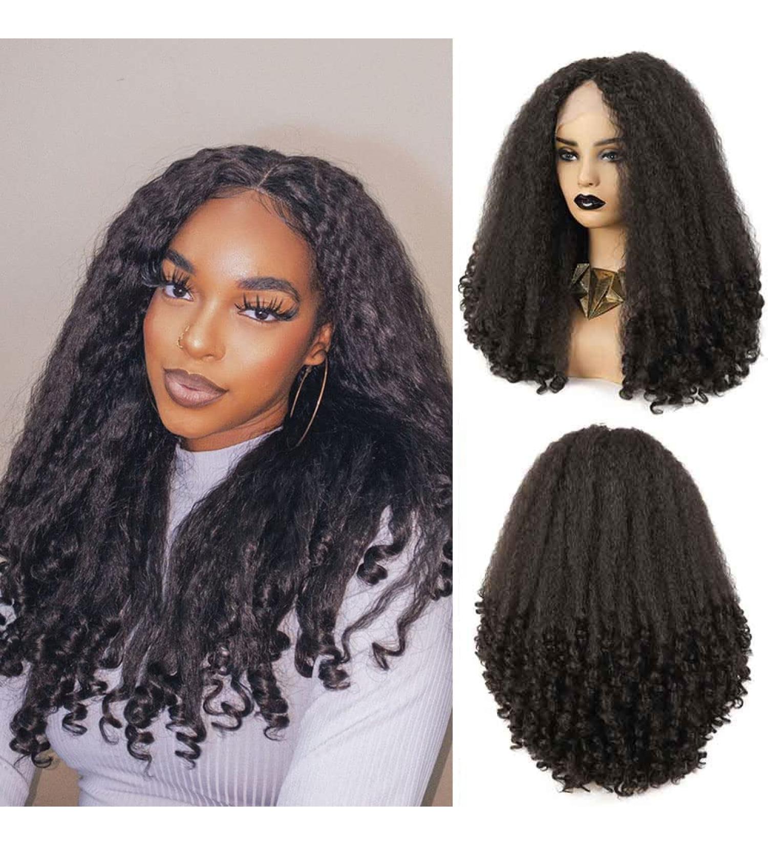 SOKU 20 Inch Afro Curly Lace Front Wig | Kinky Straight with Curly Ends | HD Transparent Swiss Lace | Fluffy Bouncy Hair | Heat Friendly Synthetic Wig in Dark Brown - Perfect for Black Women - Buy Online on GoSupps.com