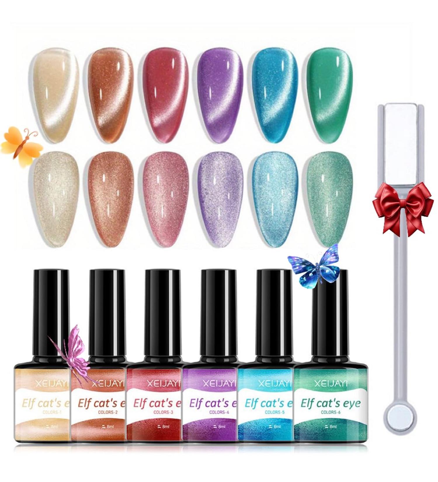 Cat Eye Gel Nail Polish Set With Magnetic Stick-9d Holographic Magnetic Nail Polish-6 Colors Red Purple Green Glitterbels Gel Polish-Gel Nail Art Kit-Manicure Set For Women - Buy Online on GoSupps.com