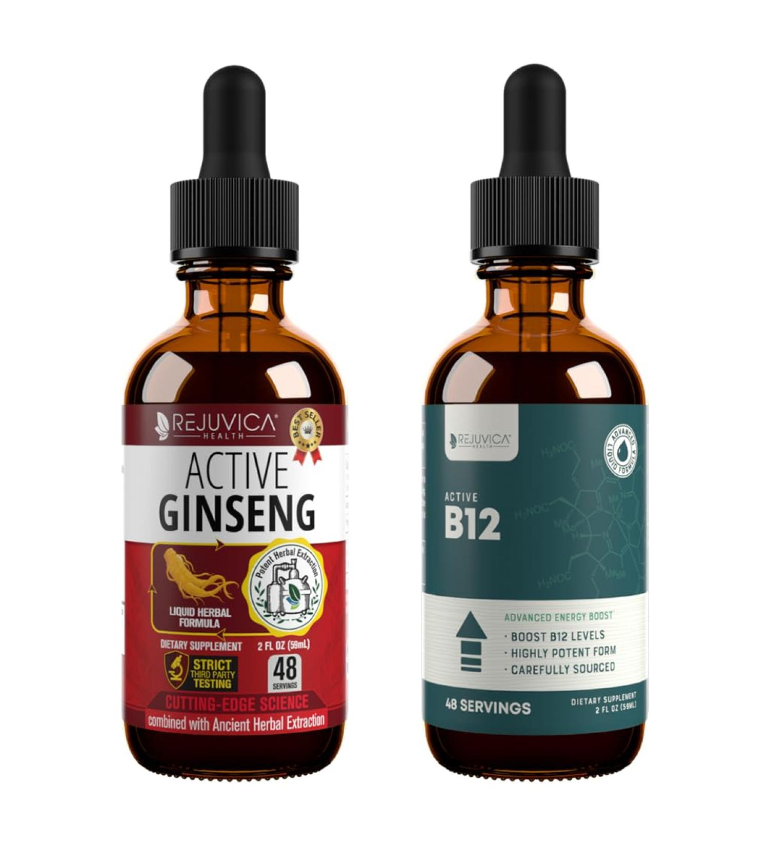 Rejuvica Health Active Ginseng + Active B12 Bundle - Supports Healthy Energy Vitality Mood and More - Advanced Liquid Delivery - Buy Online on GoSupps.com