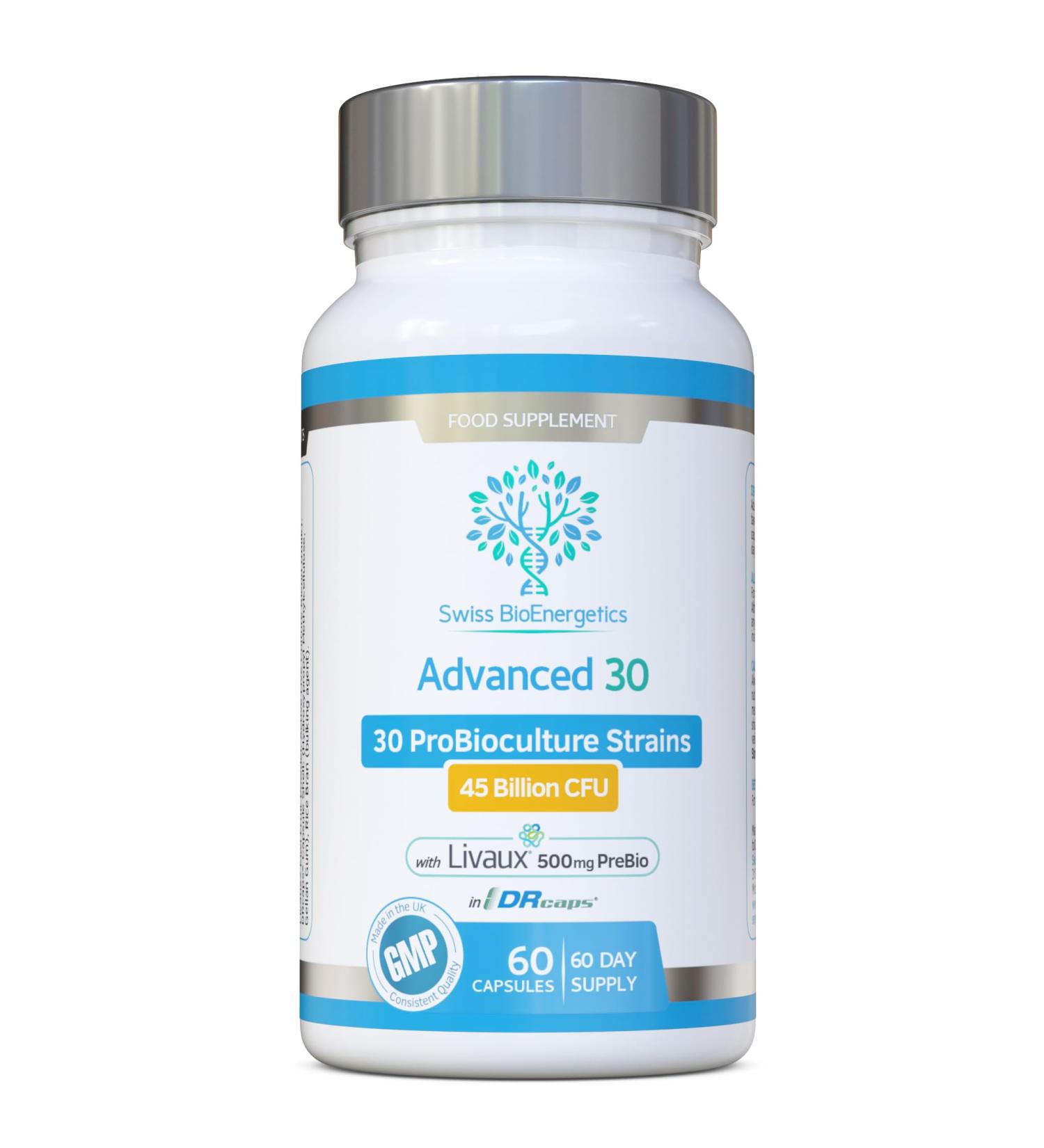 Advanced Bio Cultures Complex Probiotics & Prebiotics - 45 Billion CFU, 30 Strains with Livaux PreBiotic - 60 Capsules, 2 Month Supply - UK Made - Buy Online on GoSupps.com