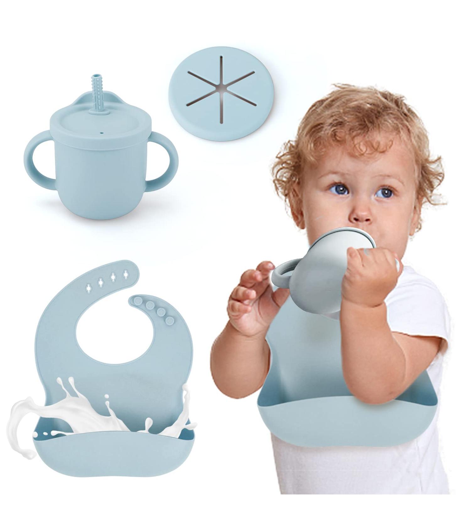 Silicone Sippy Cup with Straw & Feeding Bib Combo | 2-in-1 Toddler Snack Cup | Spill-Proof, Non-Slip, BPA-Free | 9oz Blue - Buy Online on GoSupps.com