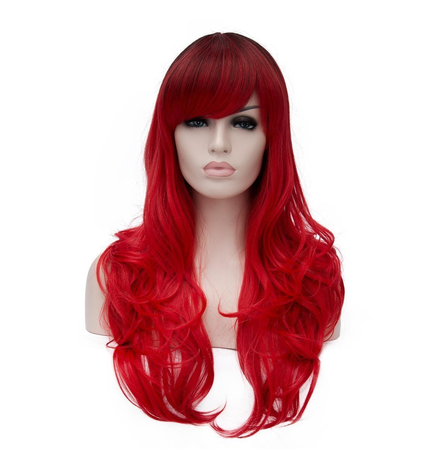 CLOCOLOR Ombre Red Long Hair Wig with Bangs - Wavy Curly Heat Resistant Synthetic Wig for Women - International Shipping Available - Buy Online on GoSupps.com