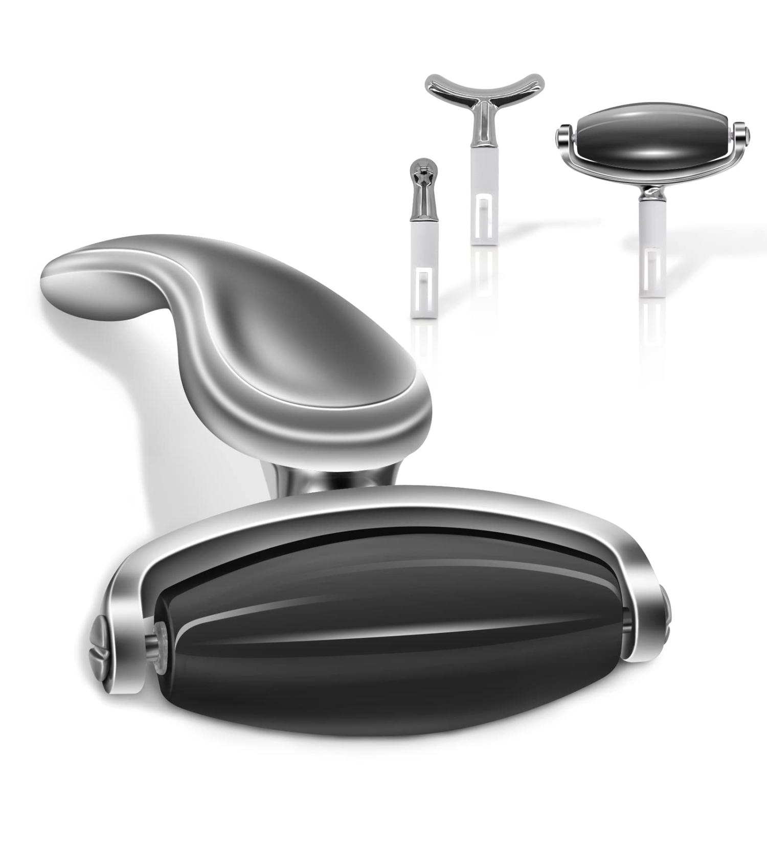 Jade Facial Roller - Rejuvenate Skin & Reduce Puffiness | 3 Interchangeable Heads for Women | Black & Silver Handle - Buy Online on GoSupps.com