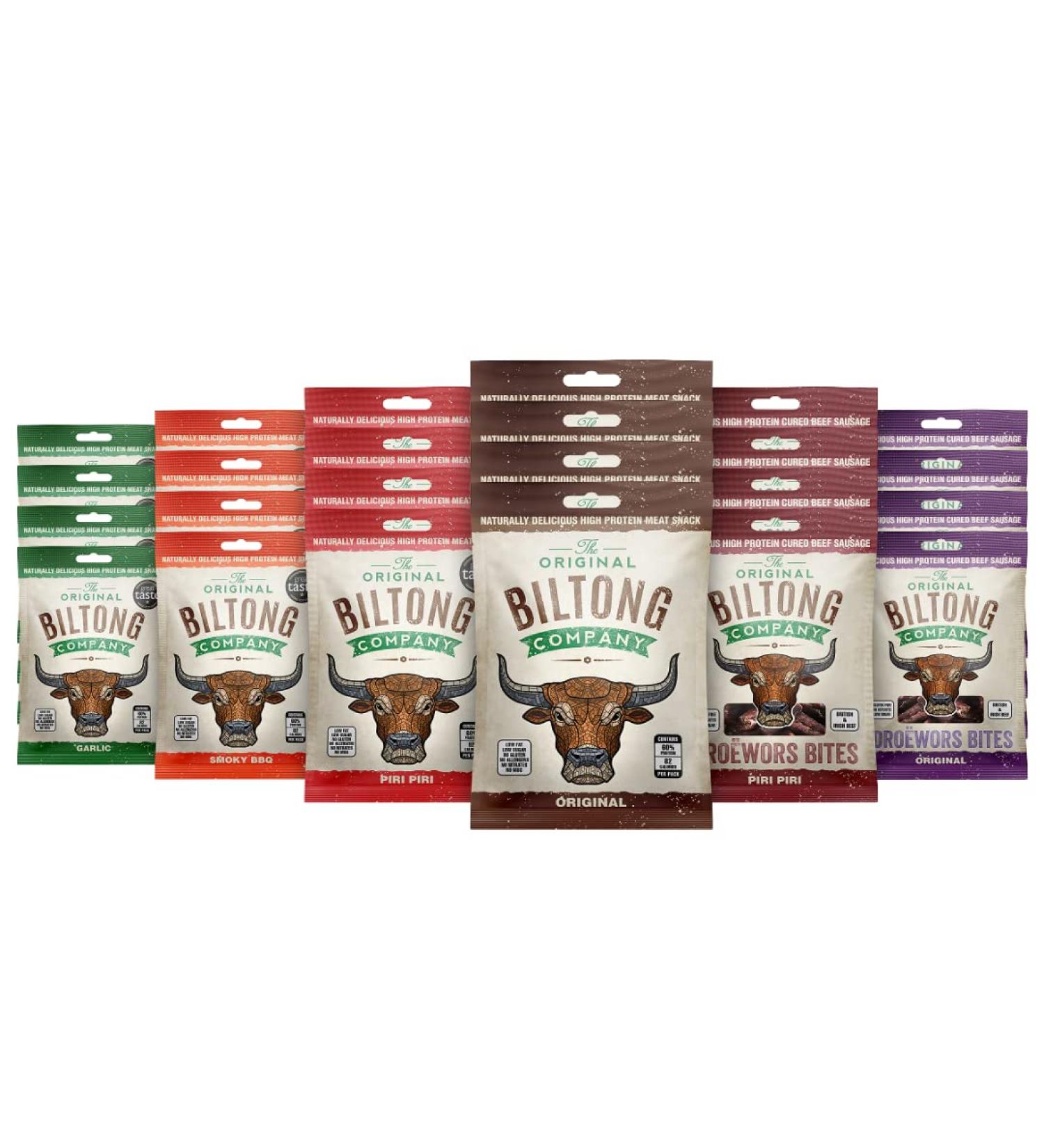 Meat Snack Box Bundle - Original, Smoky BBQ, Piri Piri & Garlic Flavors | High Protein, Low Fat, Gluten & Nitrate Free | 4 Flavors x 24 x 30g - Buy Online on GoSupps.com