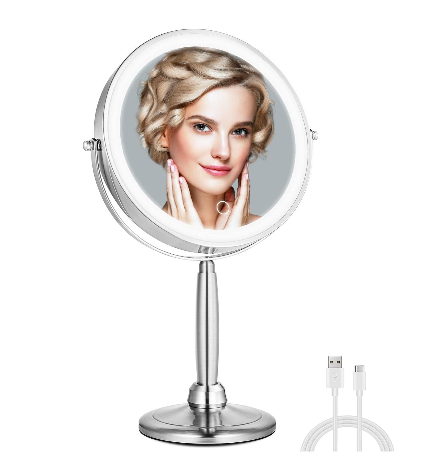 Mirrormore 9 Large Lighted Makeup Mirror | 3 Color LED Dimmable Lighting | 1X/10X Rechargeable Magnifying Mirror | 360 Rotation Vanity Mirror | Touch Screen Detachable Design | Senior Pearl Nickel - Buy Online on GoSupps.com