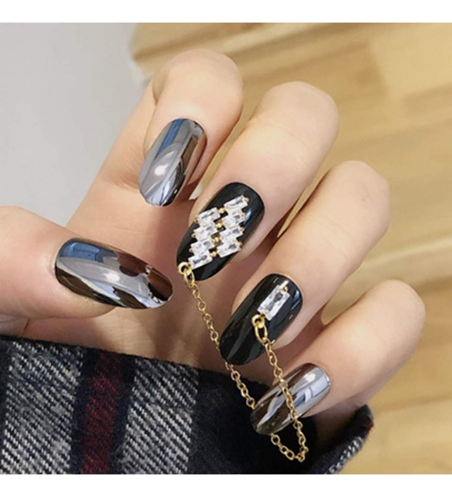 Sethexy Shiny Black Oval Fingernails with Rhinestone Gold Chain - 24 Piece Complete Acrylic Nail Set for Women & Girls | Magic Mirror Reflection Design - Buy Online on GoSupps.com