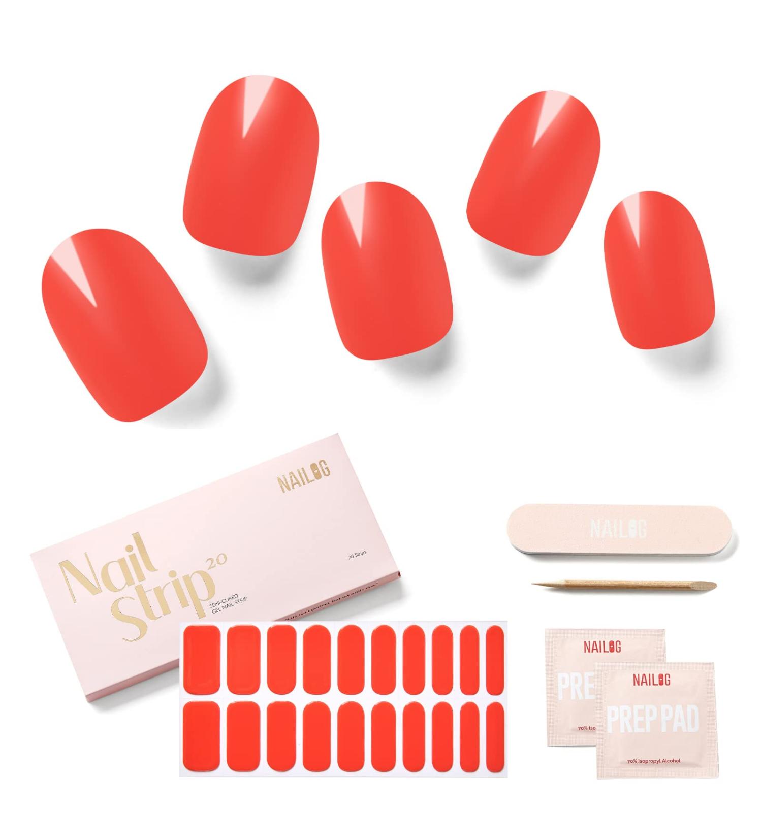 Nailog Nail Wraps - 20Pcs Semi Cured Nail Polish Stickers | Long-lasting Watermelon Red Nail Art Strips Kit for Women - Buy Online on GoSupps.com