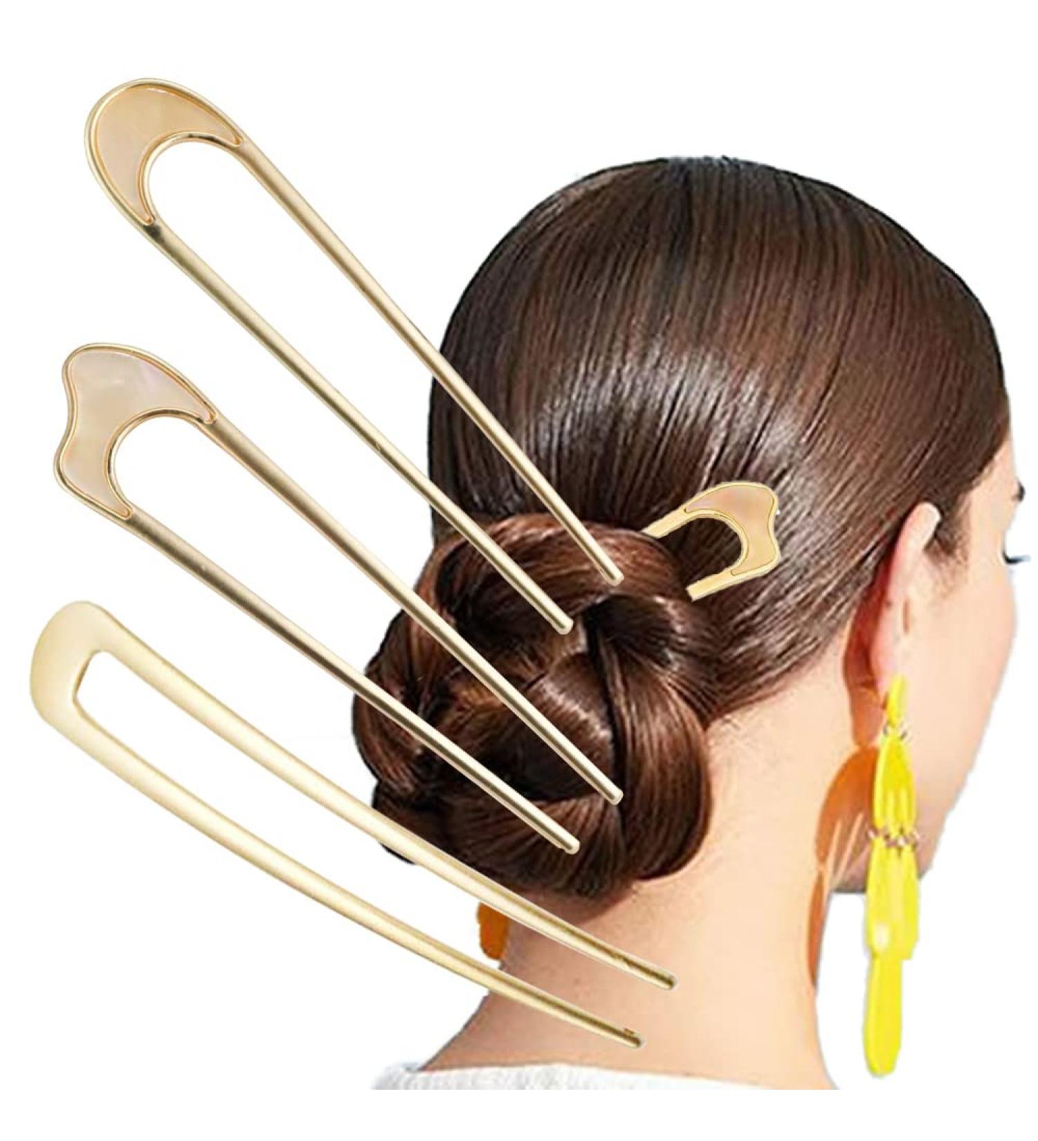 3 Pack U-Shaped French Hair Pins | Gold Hair Sticks for Women | Chignon Bun Hair Accessories - Buy Online on GoSupps.com