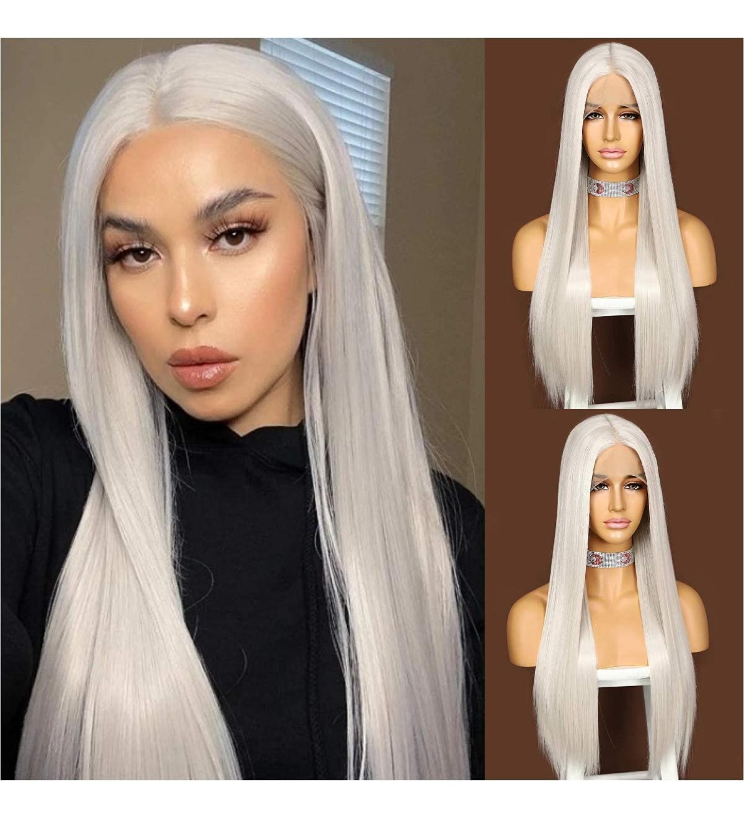Sapphire Wigs Platinum Gray Long Straight Lace Front Wig for Women - 24 Inch Heat-Resistant Japanese Synthetic 150% Density T-Part - Buy Online on GoSupps.com