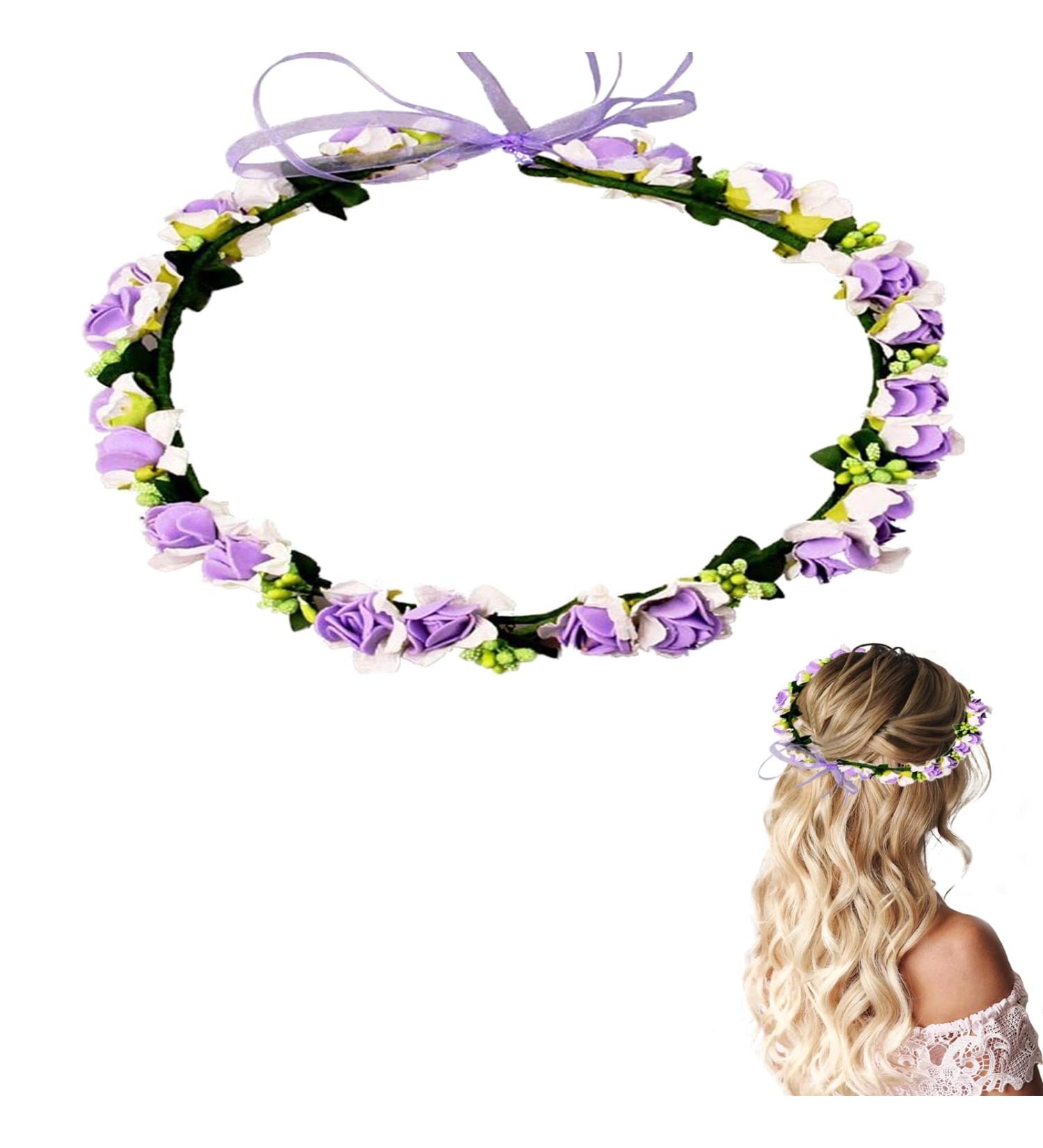 Flower Crown Flower Girl Hair Accessories Festival Accessories Hen Party Accessories Flower Headband with Ribbon for Women or Girls (Purple) - Buy Online on GoSupps.com
