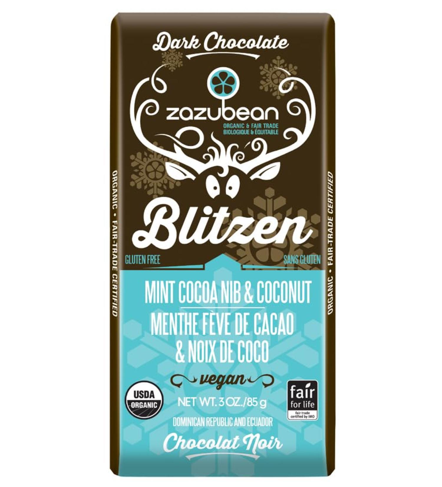 Zazubean HOLIDAY bars - Organic Vegan Fair trade Gluten free Soy Free (Mint Cocoa Nib & Coconut)