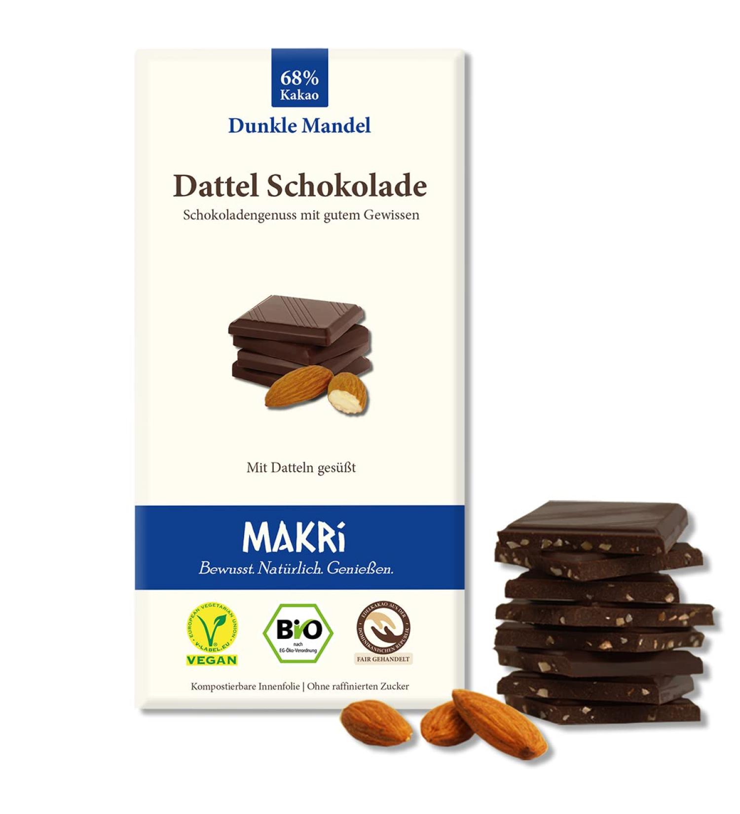 Buy Makri Bio Dattel Chocolate - Vegan No Refined Sugar Dark Almond 68% - Fair Trade Treats (5 Plates) - International Shipping Available - Buy Online on GoSupps.com
