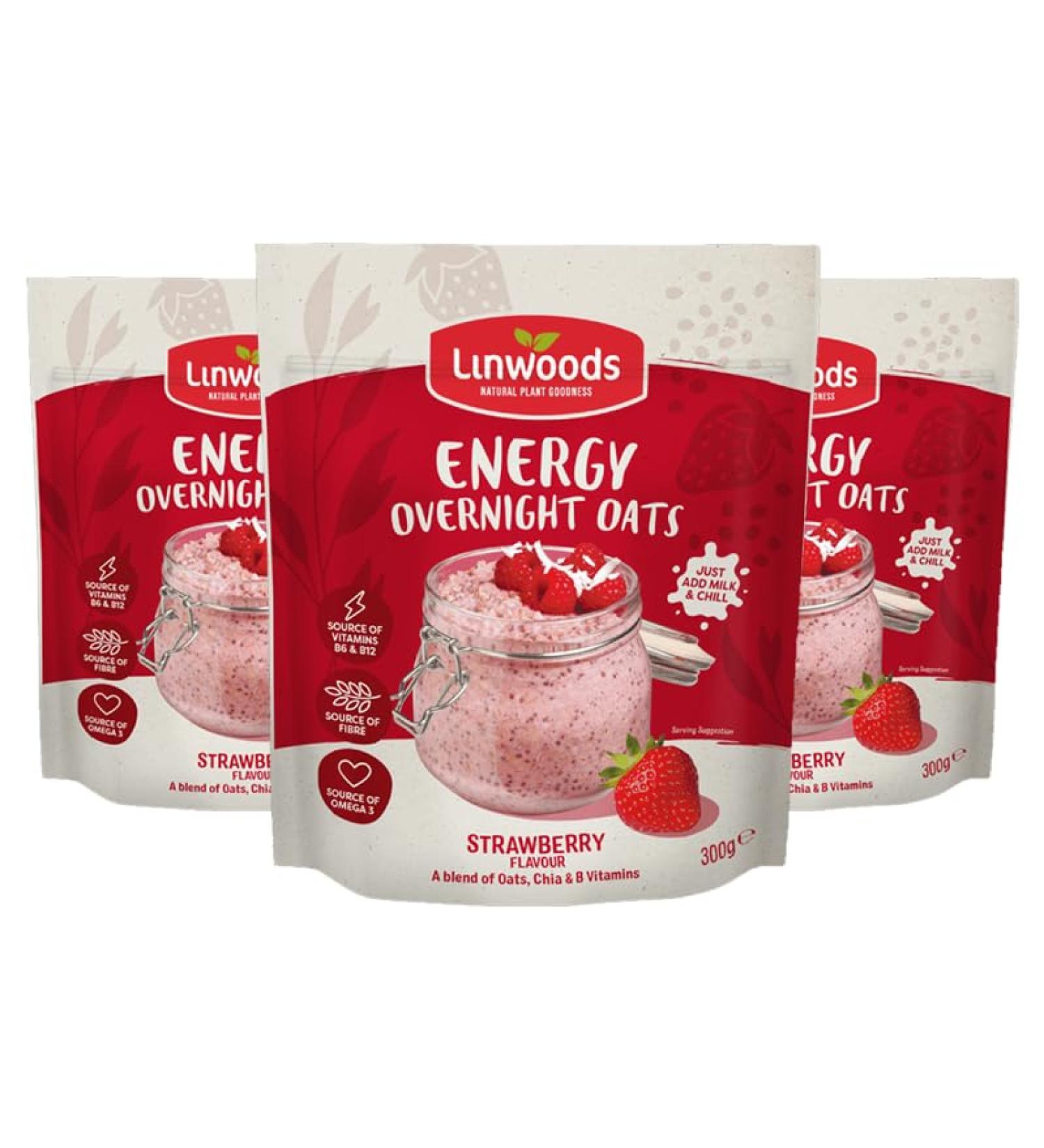 Linwoods Strawberry Energy Overnight Oats 3x300g | Healthy Vegan & Gluten Free Breakfast - Buy Online on GoSupps.com