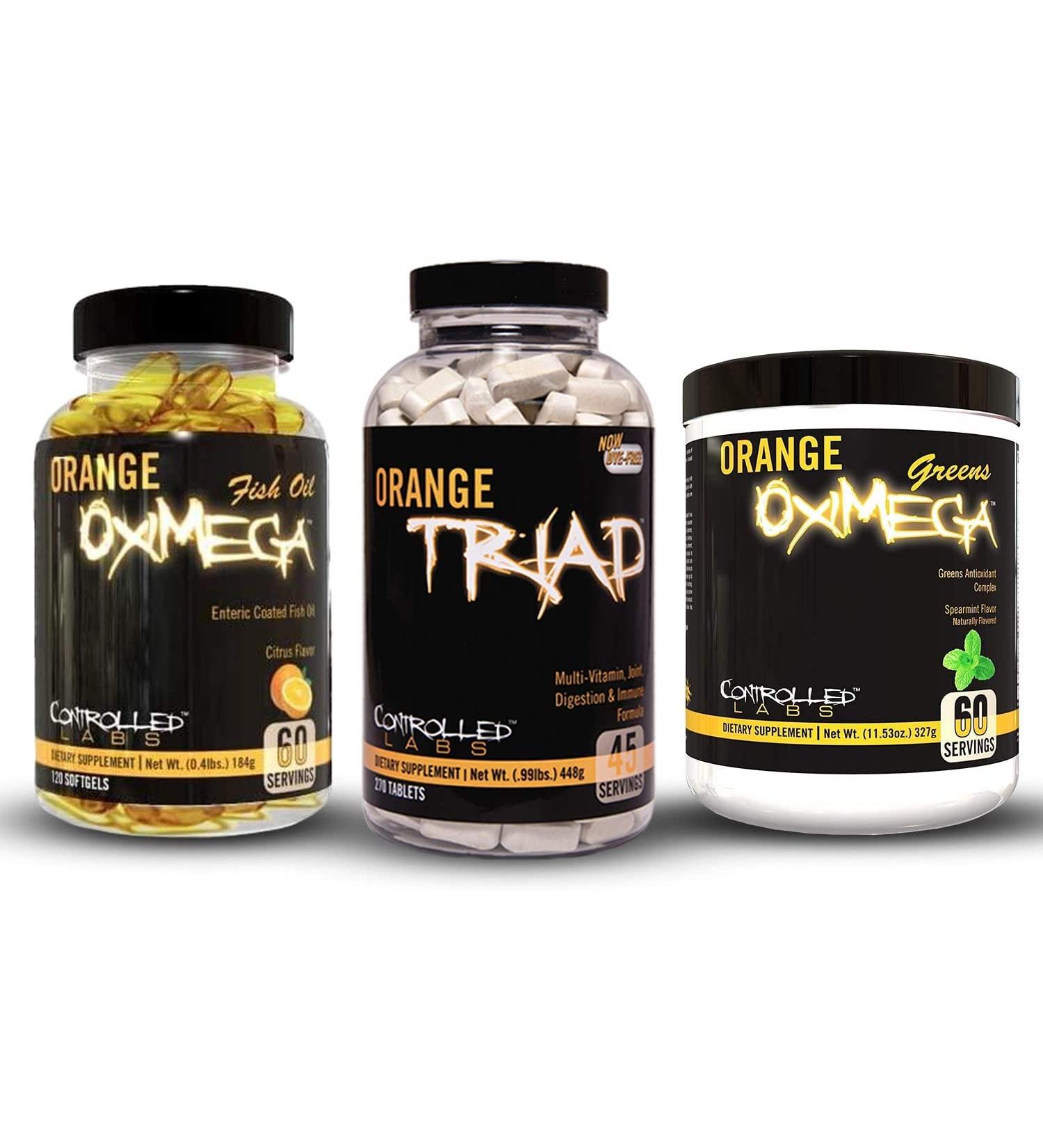CONTROLLED LABS Bundle Includes 45 Servings of Orang Triad, Orange Oximega Greens Spearmint, and 120 Ct Orange Oximega Fish Oil Softgels - Buy Online on GoSupps.com