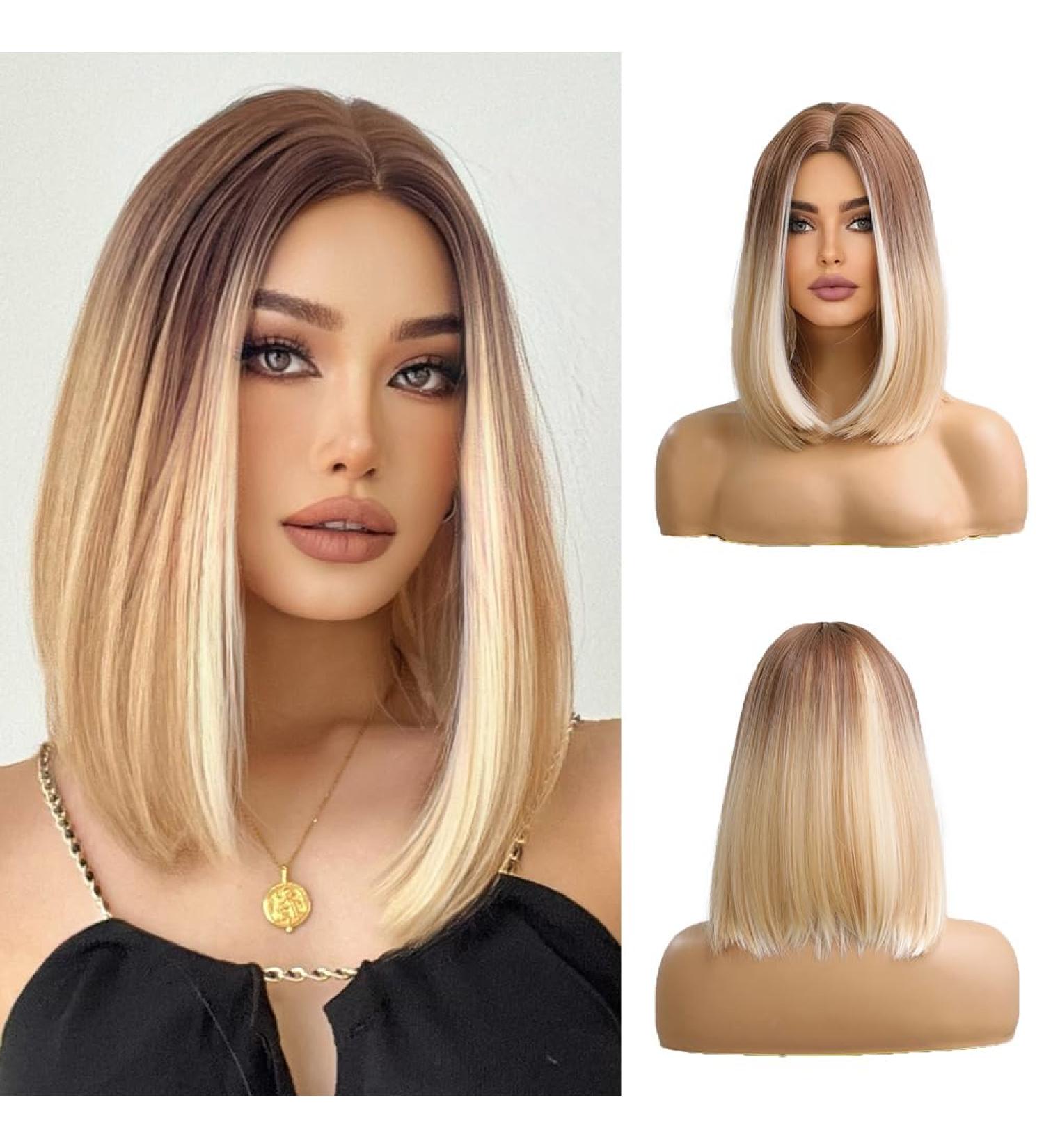 OUFEI 14 Short Straight Blonde Bob Wig with Brown Roots - Synthetic Hair for Women | Cosplay & Party Ombre Blonde Wig - Buy Online on GoSupps.com