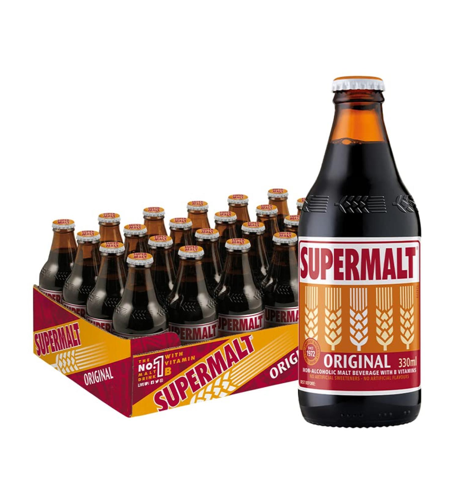 SUPERMALT | Original Flavour Malt Drink | Alcohol Free| Premium Malt Drink | Pack of 24 x 330ml Bottles - Buy Online on GoSupps.com