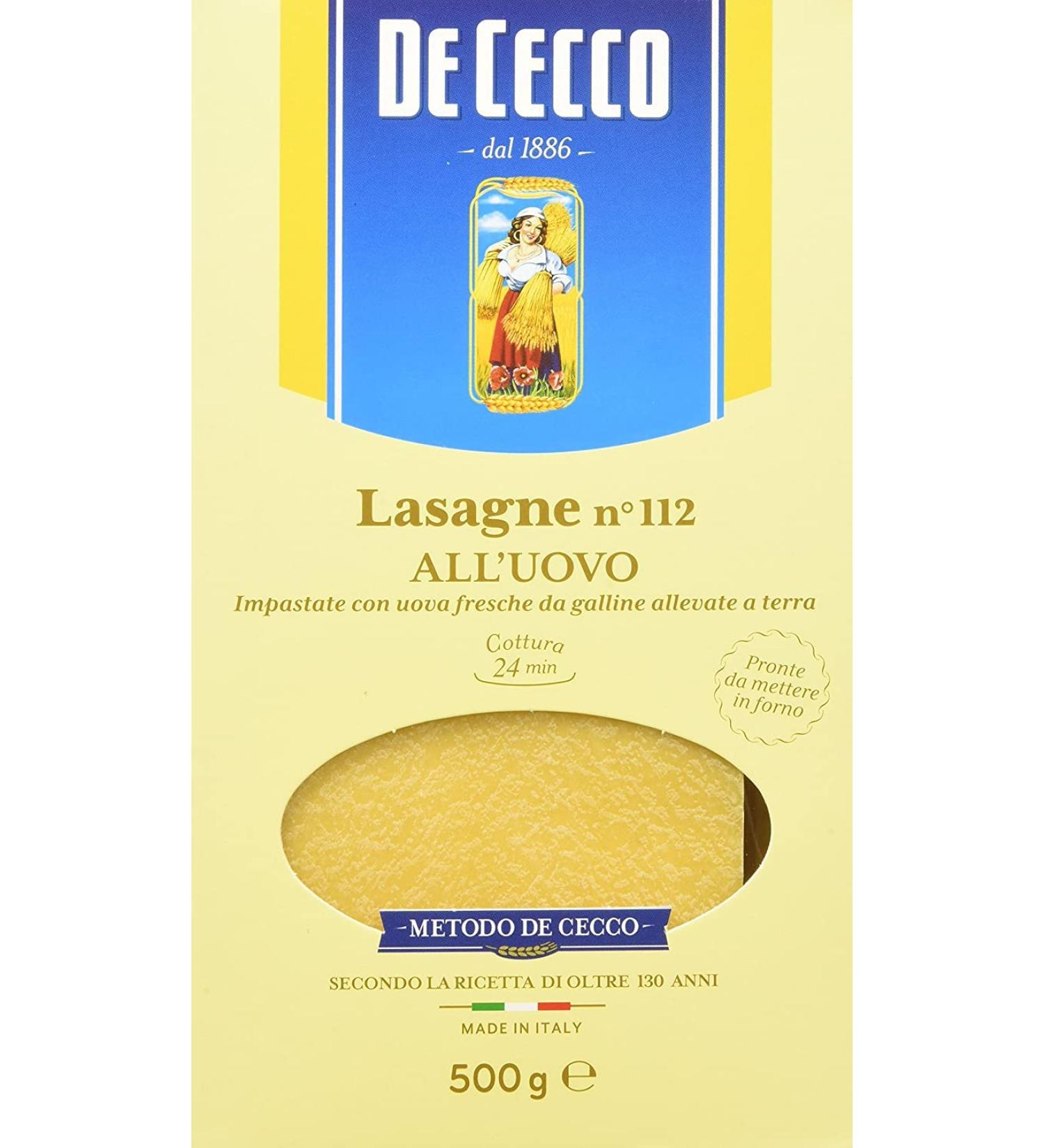  De Cecco Pack of 12 De Cecco 100% Italian lasagne pasta with egg (no. 112 pasta with egg 500g) - Buy Online on GoSupps.com
